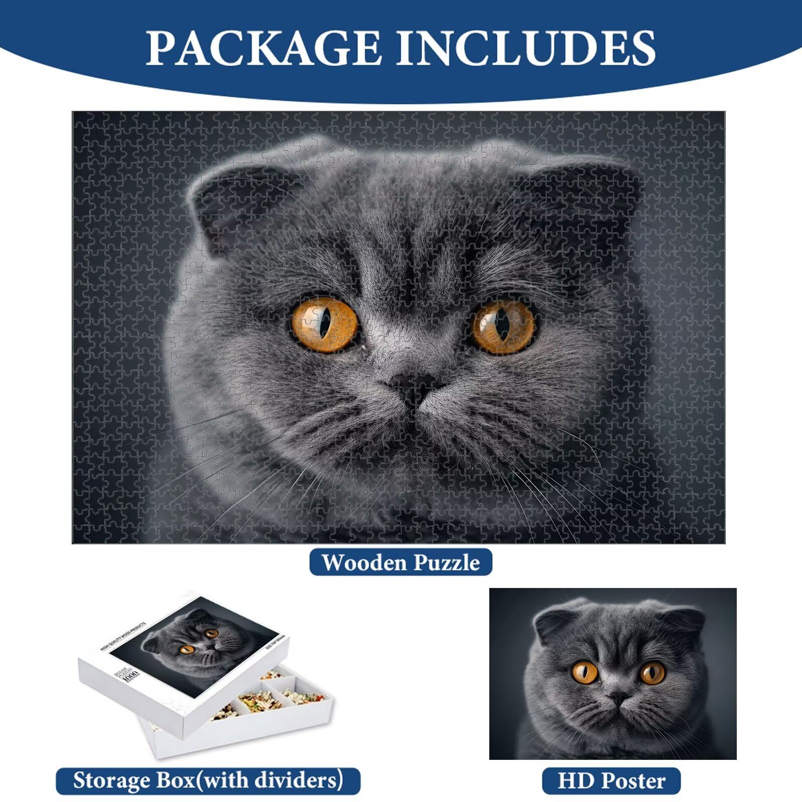1000 Pièces Puzzle Adulte Chat & Gris Puzzle en Bois Robuste 1T#1138 | Puzzle en Bois, Découpe de Précision, Encres aux Couleurs Vives, Loisir Relaxant, Décoration Intérieure, Cadeau, 50x75cm