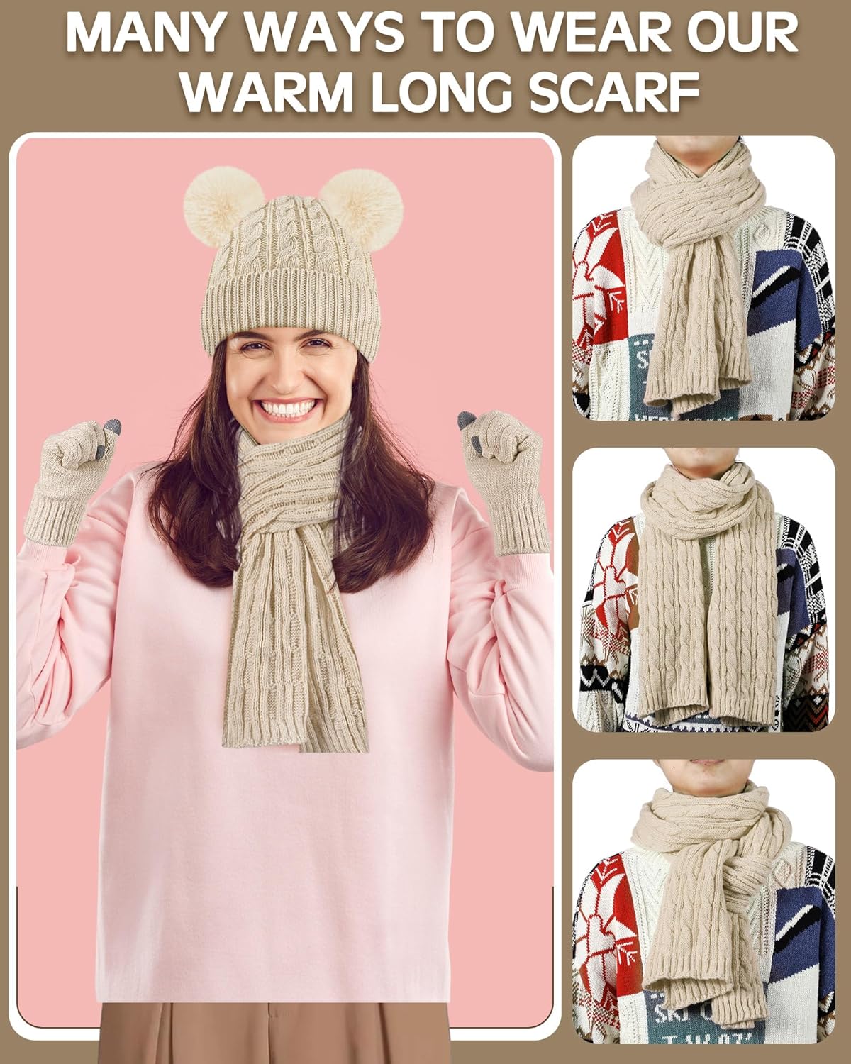 Geyoga 6 Pcs Winter Warm Fleece Knit Hat Long Scarf Touchscreen Gloves Ear Muffs Socks Sets, Winter Warm Gifts for Women - Image 4