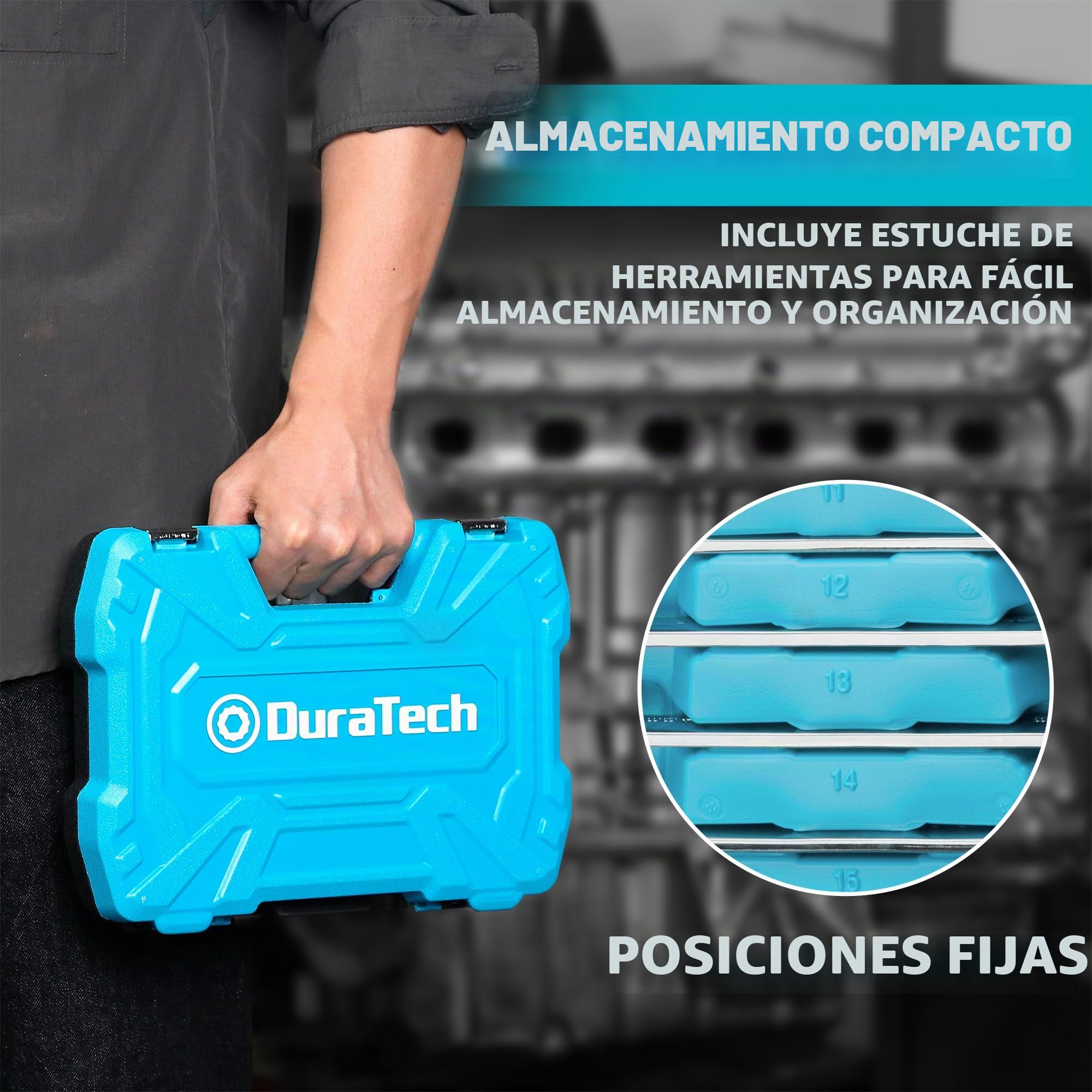 DURATECH Juego de llaves de carraca con cabeza flexible de 12 piezas, 72 dientes, sistema métrico, 8-19 mm, acero al cromo-níquel, organizadas en maletín de almacenamiento