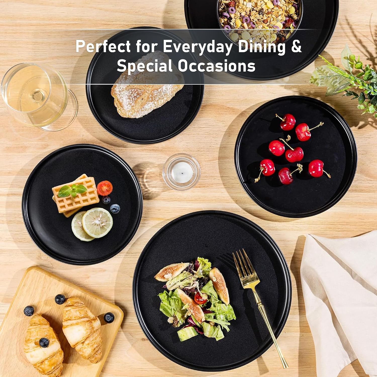 GBHOME Ceramic Dinnerware Sets of 4,Stoneware Plates and Bowls Sets,Chip and Crack Resistant | Dishwasher & Microwave Safe Dishes Set,Scratch Resistant- Service for 4 (12pc)-Matte Black