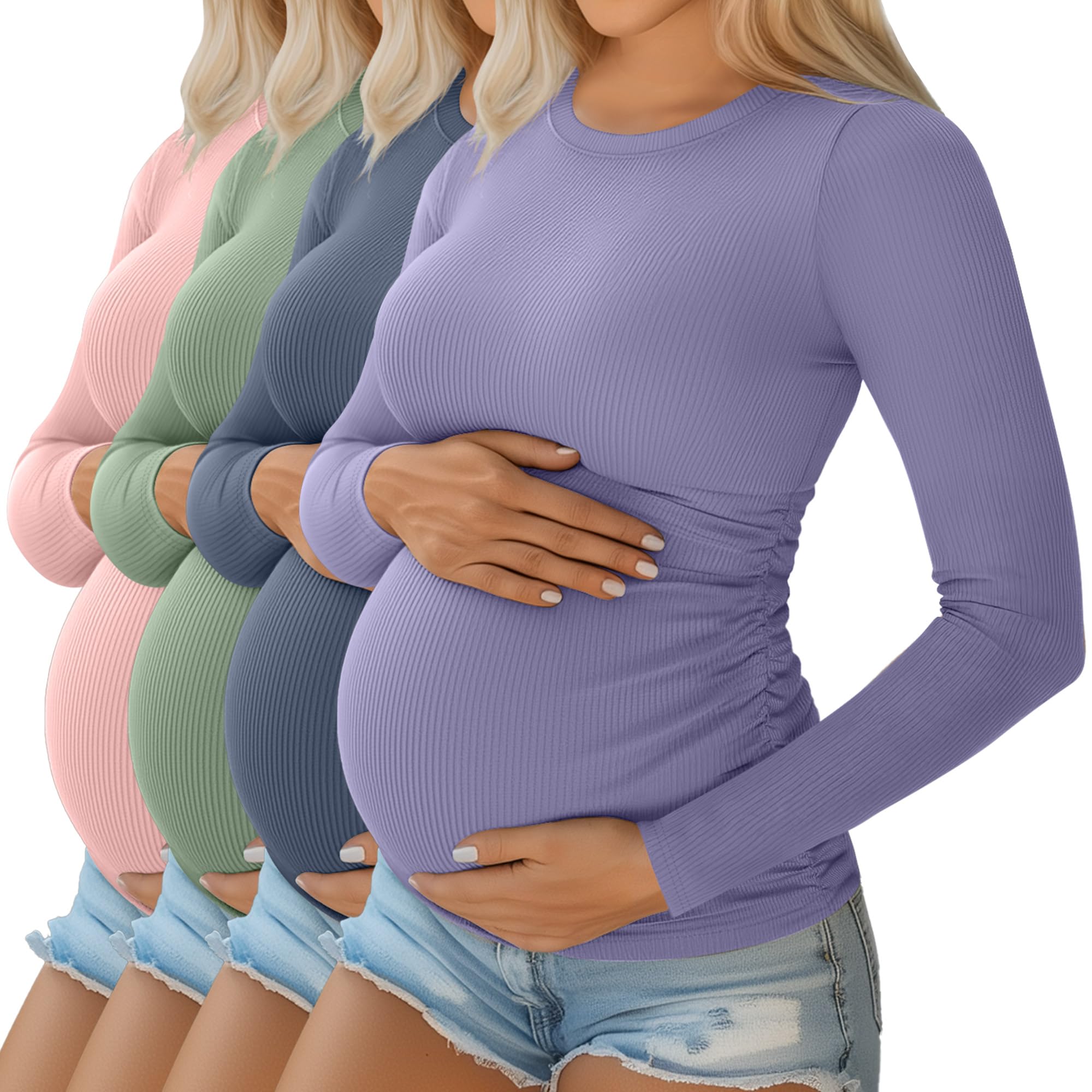 Ficerd 4 Pack Womens Maternity Shirts Cotton Long Sleeve Ribbed Crew Neck Pregnancy Tops Side Ruched Casual Mama