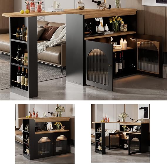 Bar Table Extendable Kitchen Island with Storage, Breakfast Swivel Bar Bistro Table with LED light, Modern BarTable Storage Cabinet, 2 Doors and Shelves, for Dining Room, Black-A