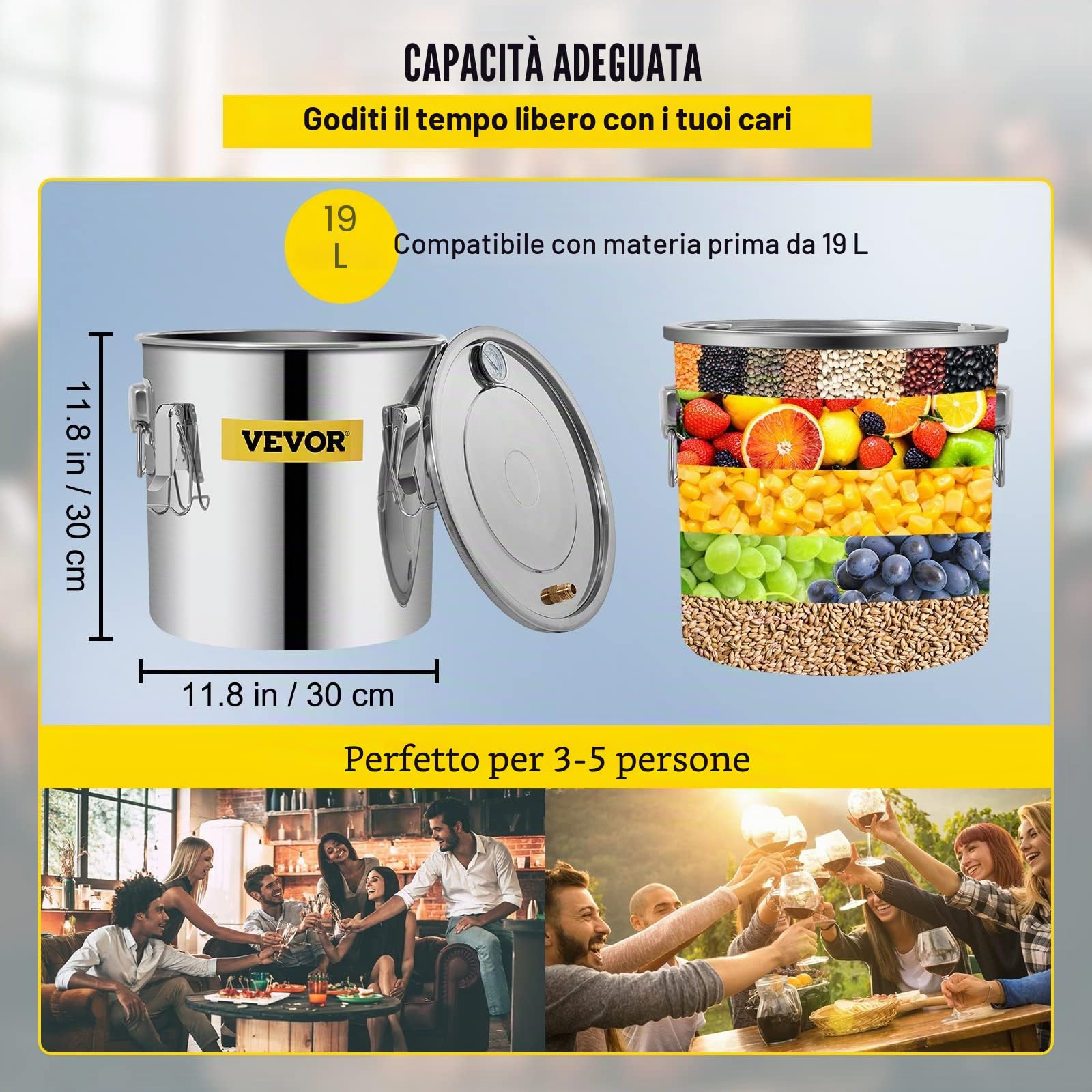 VEVOR Kit di Distillatore Alambicco in Acciaio Inox Rame Puro Materiale per Uso Alimentare Capienza del Serbatoio 19L, Kit Distillatore 30 x 30 cm per Liquore Acqua Distillata Vino con Pompa d'Acqua
