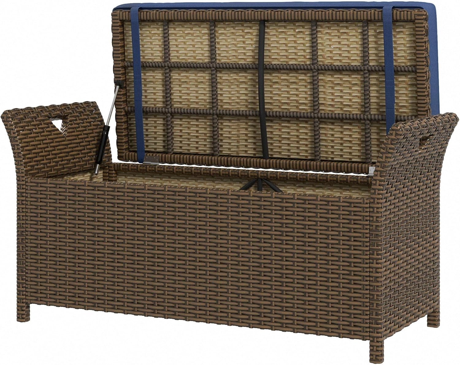 Weather-Resistant PE Rattan Bench 43.25x17.75x20.25in w/Dark Blue Cushion, 29-Gallon Enclosed Storage, 352lb Static Load, Garden Durable