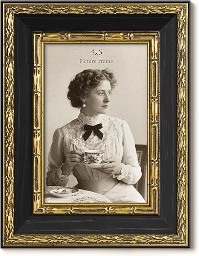 Portarretratos vintage de 4 x 6 pulgadas, marco dorado antiguo adornado de 4 x 6 pulgadas con vidrio real templado, pantalla de fotos de 4 x 6