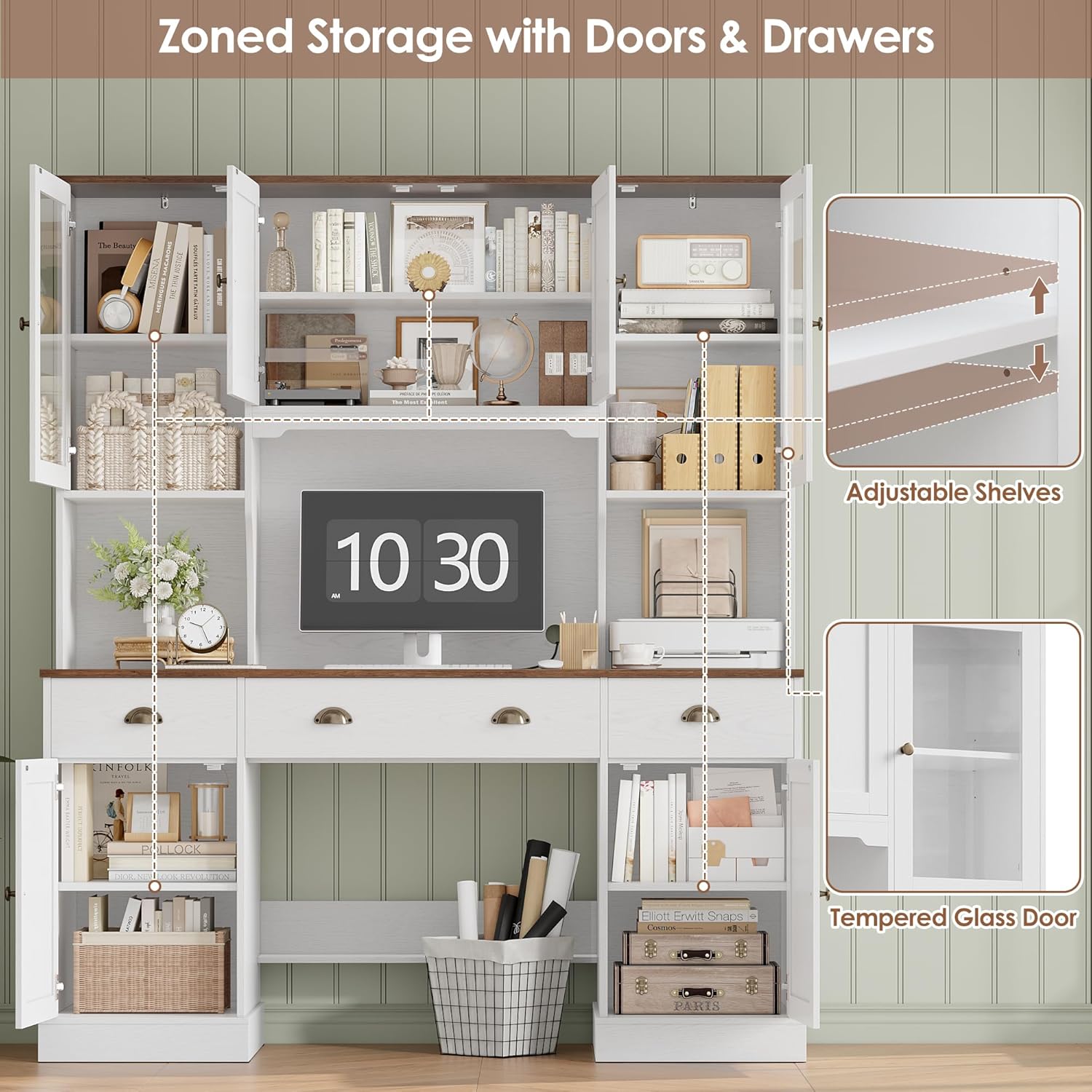 Diagram illustrating zoned storage with adjustable shelves and tempered glass doors in the hutch and lower cabinets.
