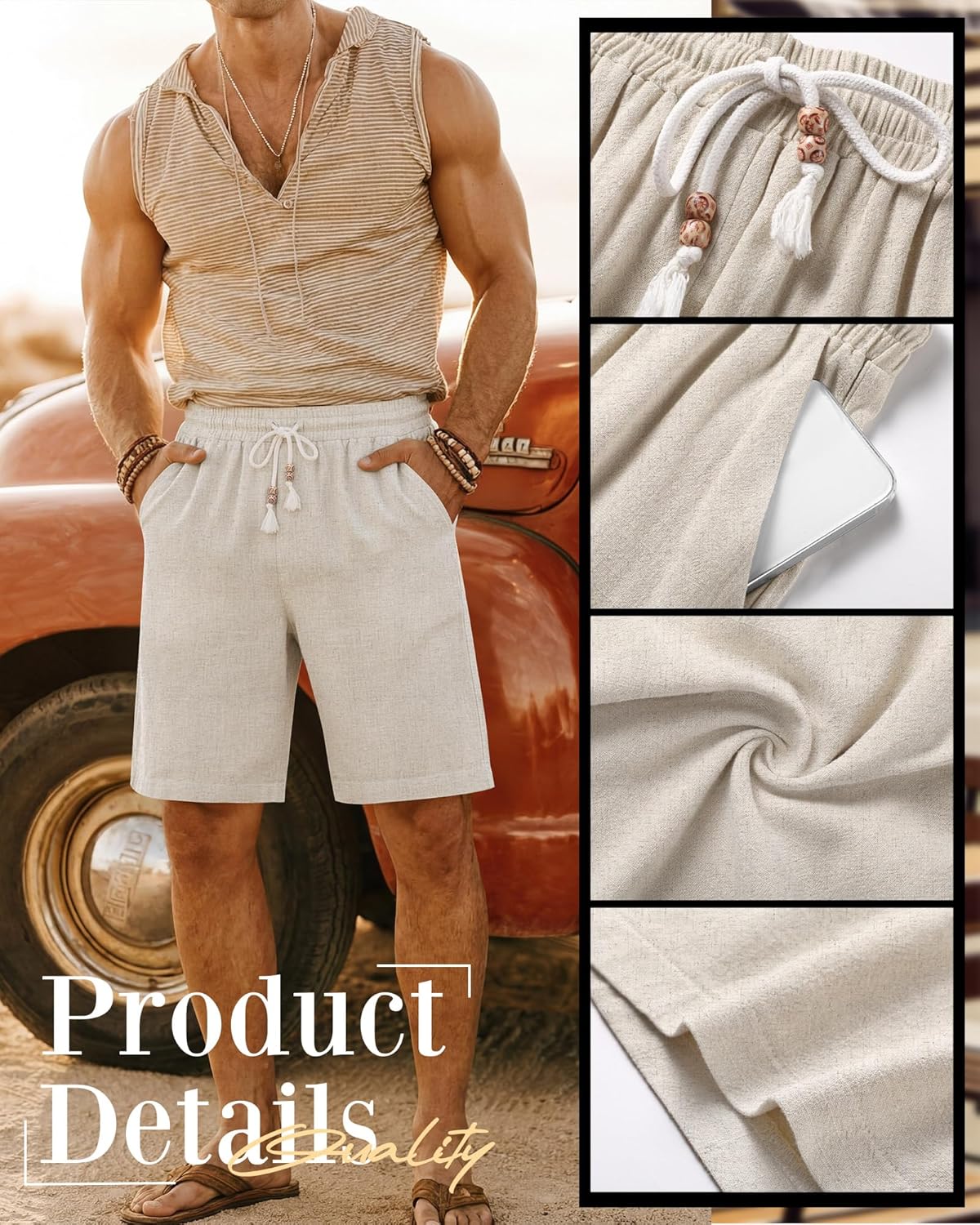 Neer 2 Pack Men's Linen Shorts, Casual Lightweight Drawstring Shorts 9 Inch Inseam Elastic Waist Short Pants with Pockets - Image 6