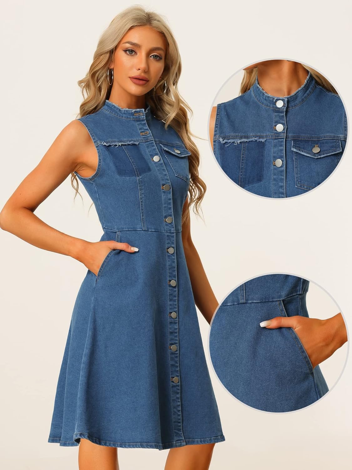Allegra K Casual Denim Dress for Women's Button Down Sleeveless A-Line Midi Dress with Pockets - Image 2