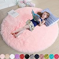 Amdrebio Fluffy Light Pink Round Rug 4x4ft - Cute Kawaii Shag Area Rug for Girls Bedroom, Kids Nursery, Playroom Decor