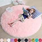 Amdrebio Light Pink Round Rug 4Ft for Girls Bedroom, Fluffy Circle Area Rugs for Kids Room Decor Aesthetic, Cute Shag Fuzzy Carpet for Nursery, Preppy Dorm, Classroom, Playroom, Teen, Baby, Washable