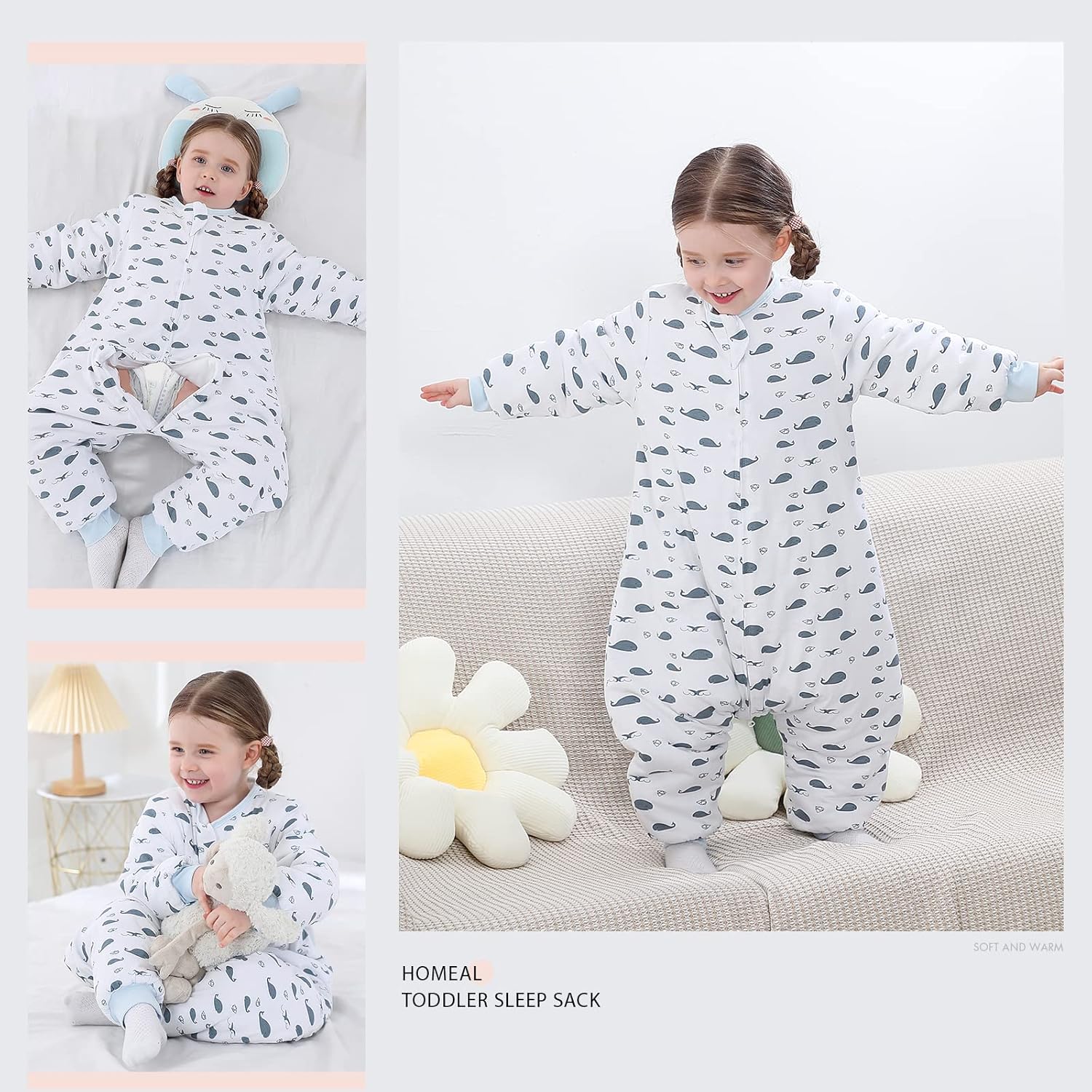 HOMEAL Toddler Sleep Sack 2T-3T, Long Sleeve Winter Sleep Sack 2.5 Tog, Warm Wearable Blanket for Early Walkers, 2-Way Zippers, Little Whale