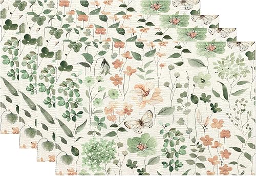 Miniatura 14 de Juego de 4 manteles individuales florales con estampado de bloques de 12 x 18 pulgadas, manteles individuales rectangulares modernos y bohemios con