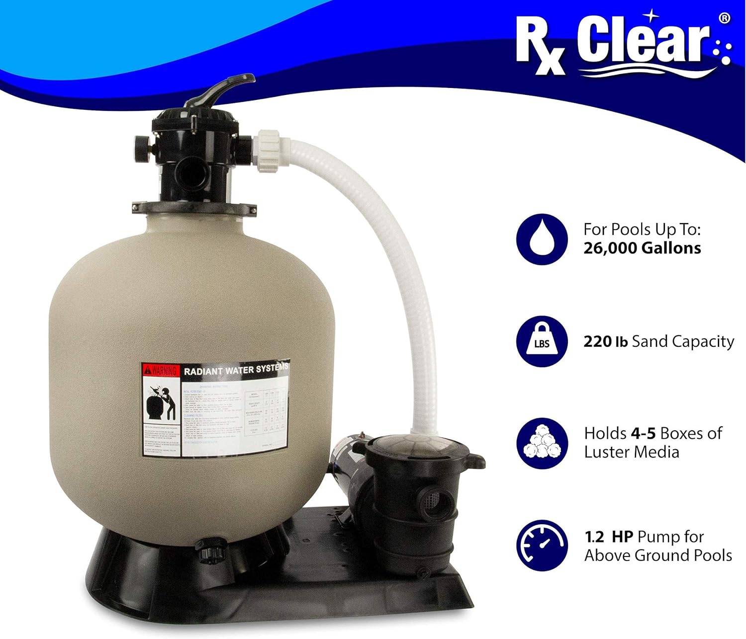 Rx Clear Radiant Sand Filter System with key specifications: 26,000 Gallons capacity, 220 lb sand capacity, 4-5 boxes of Luster Media, 1.2 HP pump.