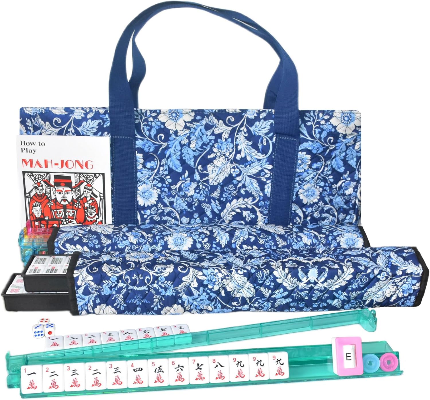 American Mahjong Set for Adults,166 Premium White Tiles, 4 All-in-One Mahjong Racks/Pushers,Complete Western Mahjong with Soft Blue Printed Carrying Bag