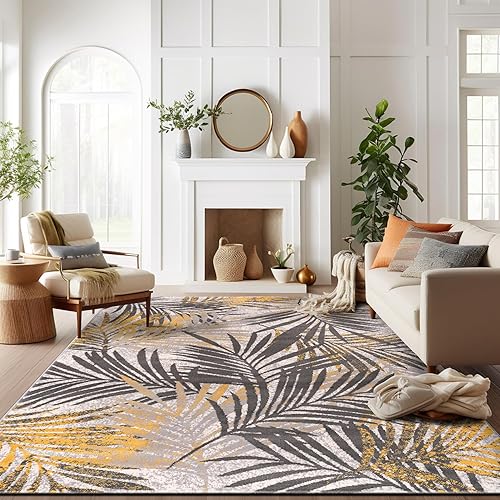 Miniatura 6 de Rugshop Edinburgh - Alfombra suave resistente a las manchas, diseño de hojas florales, 3 pies 3 pulgadas x 5 pies, color amarillo