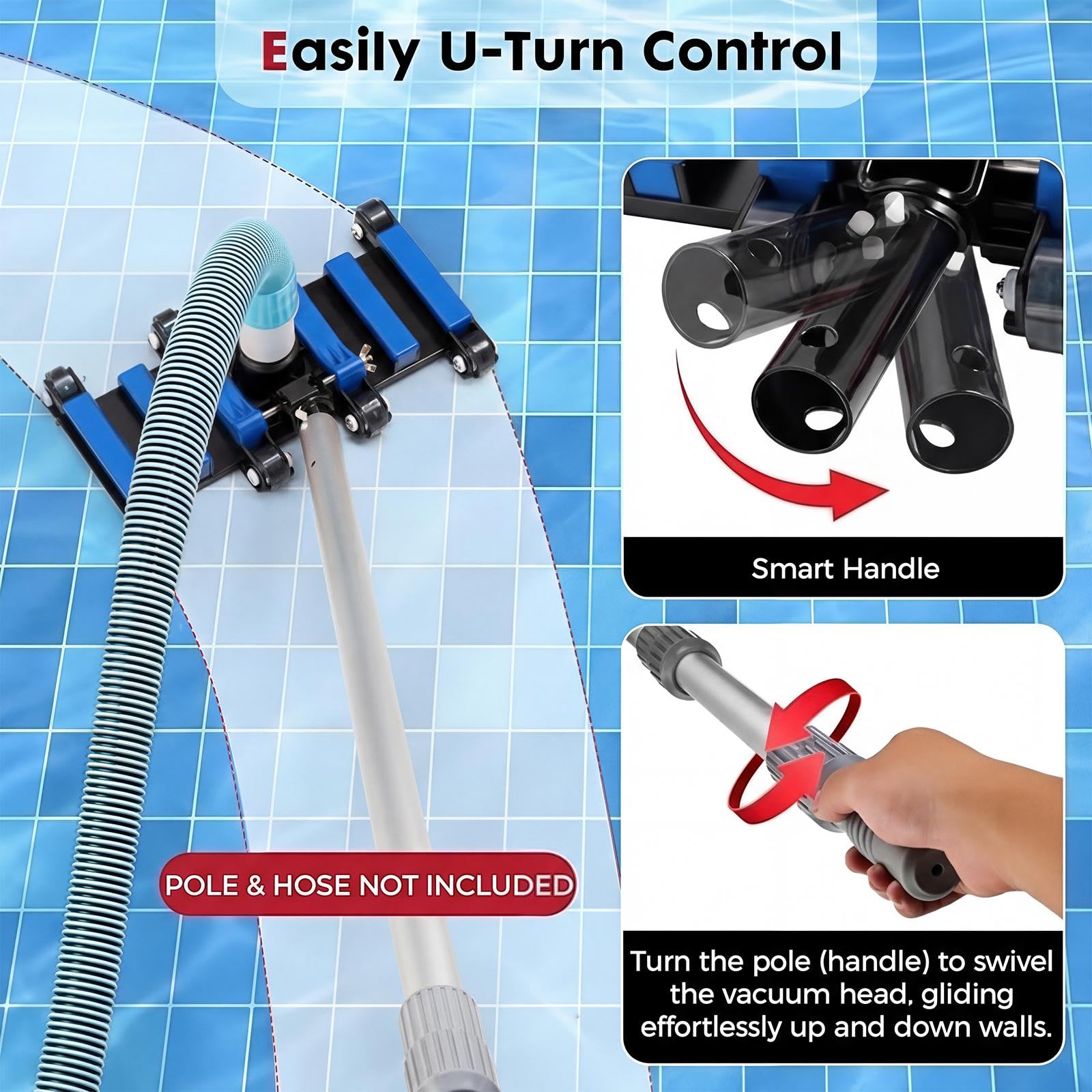 POOLAZA Aspiratore manuale commerciale per piscina con ruote, 35 cm di larghezza extra e aspiratore per piscina a carico pesante flessibile ponderato per una pulizia profonda e accurata senza sforzo