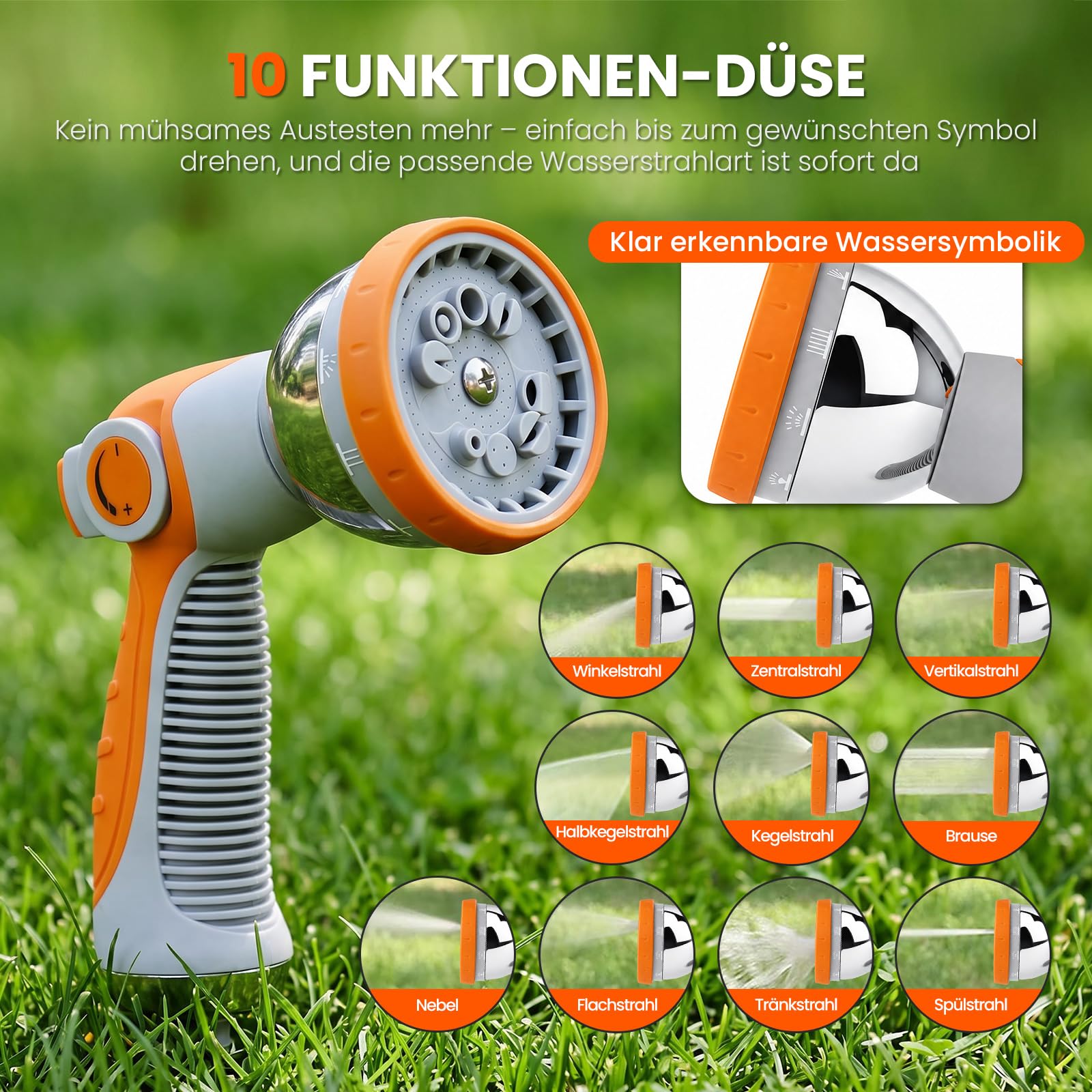 Schlauchtrommel Wasser 45m + 2m, 180° Schwenkbar Wand-Schlauchbox, Automatischer Gartenschlauch trommel mit 10-Funktionen Gartenbrause für Gießen Autowaschen
