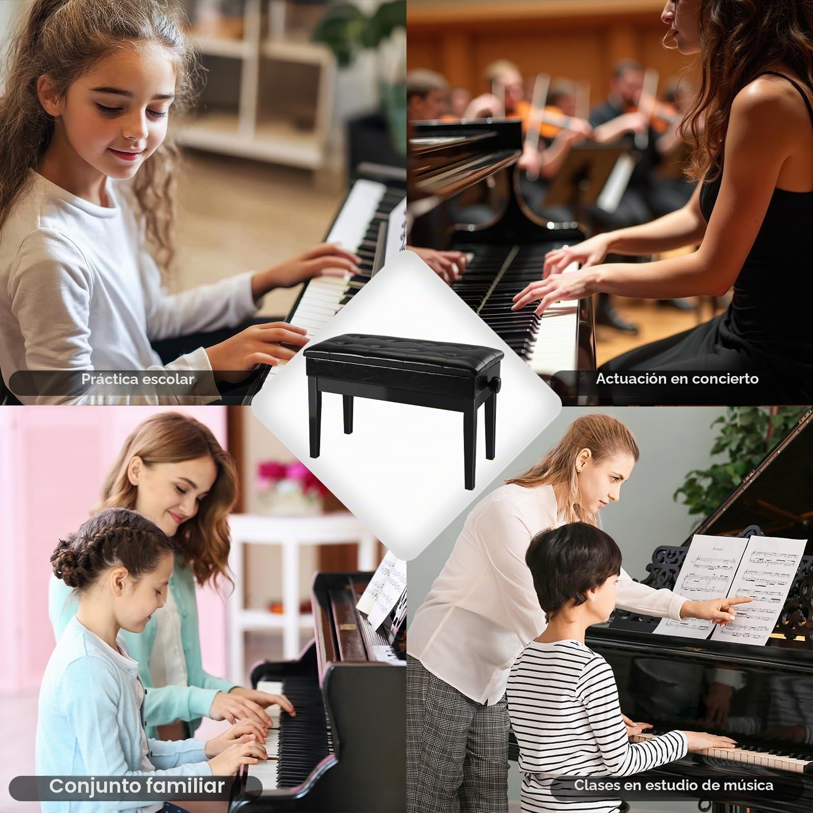 MAMIZO Banqueta Piano Regulable en Altura 48-58 CM, Banco Piano 2 Personas con Almacenamiento, Silla de Piano, 4 PCS Patas para Piano de Madera Maciza, Banqueta de Piano Carga Máx 200KG, Negro