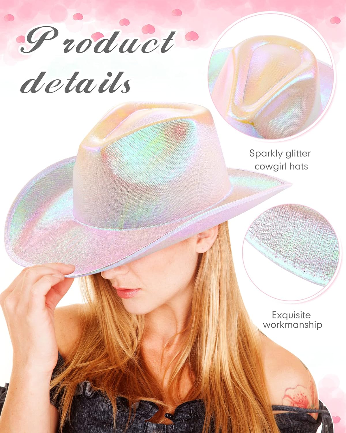 Jecery Pink Cowboy Hat Cowgirl Hat Holographic Glitter Shiny Eye Catching Hats for Women Disco Party Birthday Cosplay