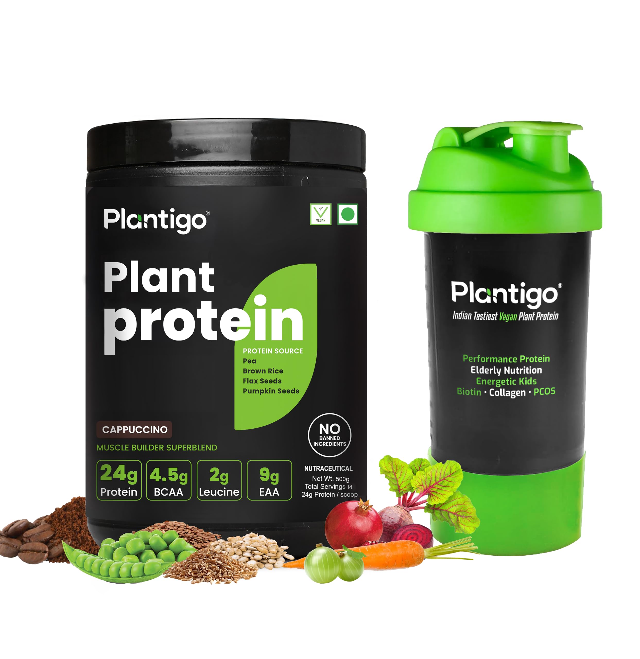 Plantigo Clean Vegan Plant Protein Powder for Men, Women - 24g Protein, 4.4g BCAA, 2g Leucine, Antioxidant, 11 Vitamins, 8 Minerals, Brown Rice, Pea Protein (Cappuccino Coffee Flavored + Sipper 600ml)