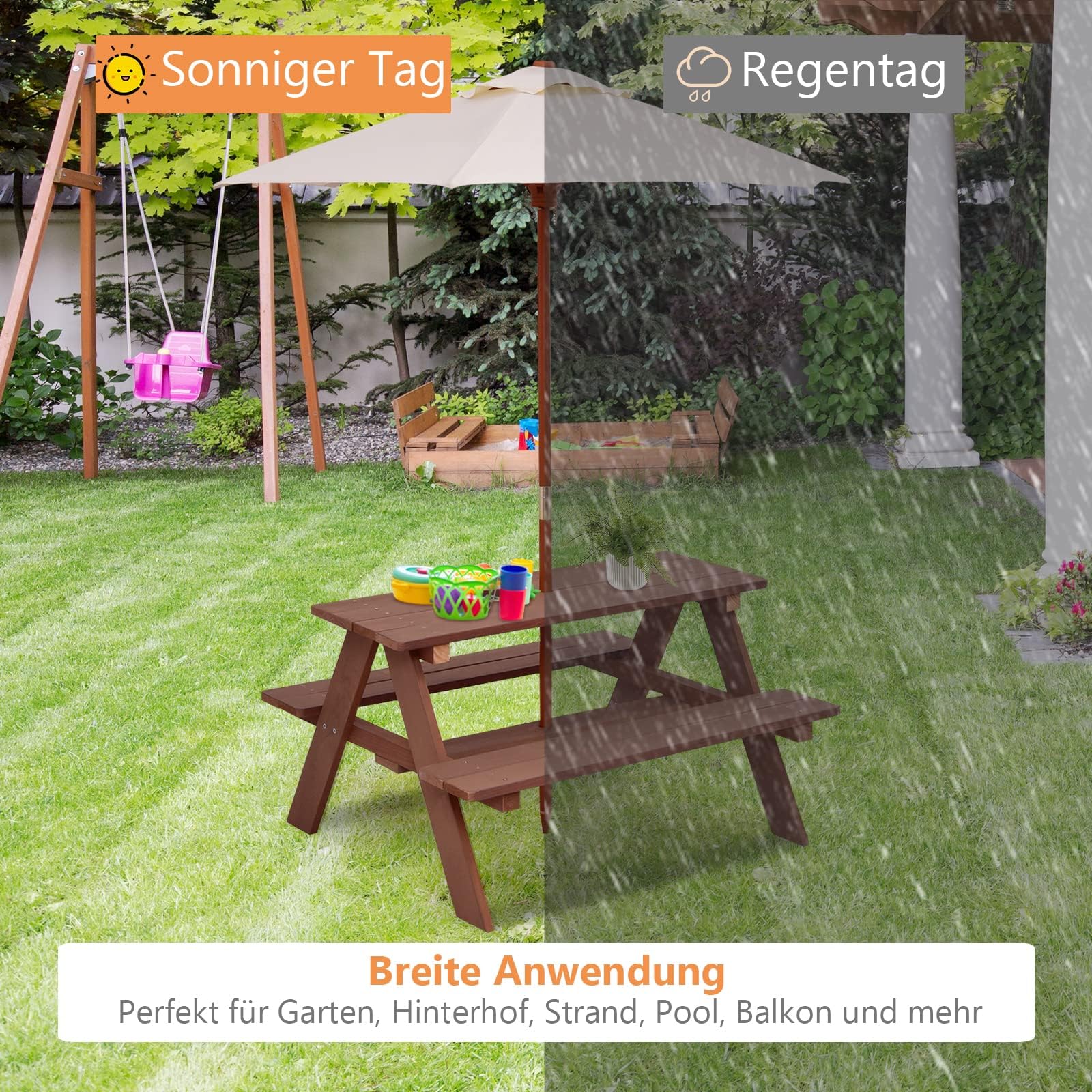 FANTASK Tavola da picnic per bambini con ombrellone rimovibile, tavolo da picnic in legno di abete per esterni