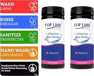Wash Rinse Sanitize Sink Labels Signs and Hand Wash Signs (12 Labels - 2 Full Sets 2.5 x 7.25 in) - Chlorine Sanitizer Test Strips 0-500 ppm (2-200 Strips Bottles)