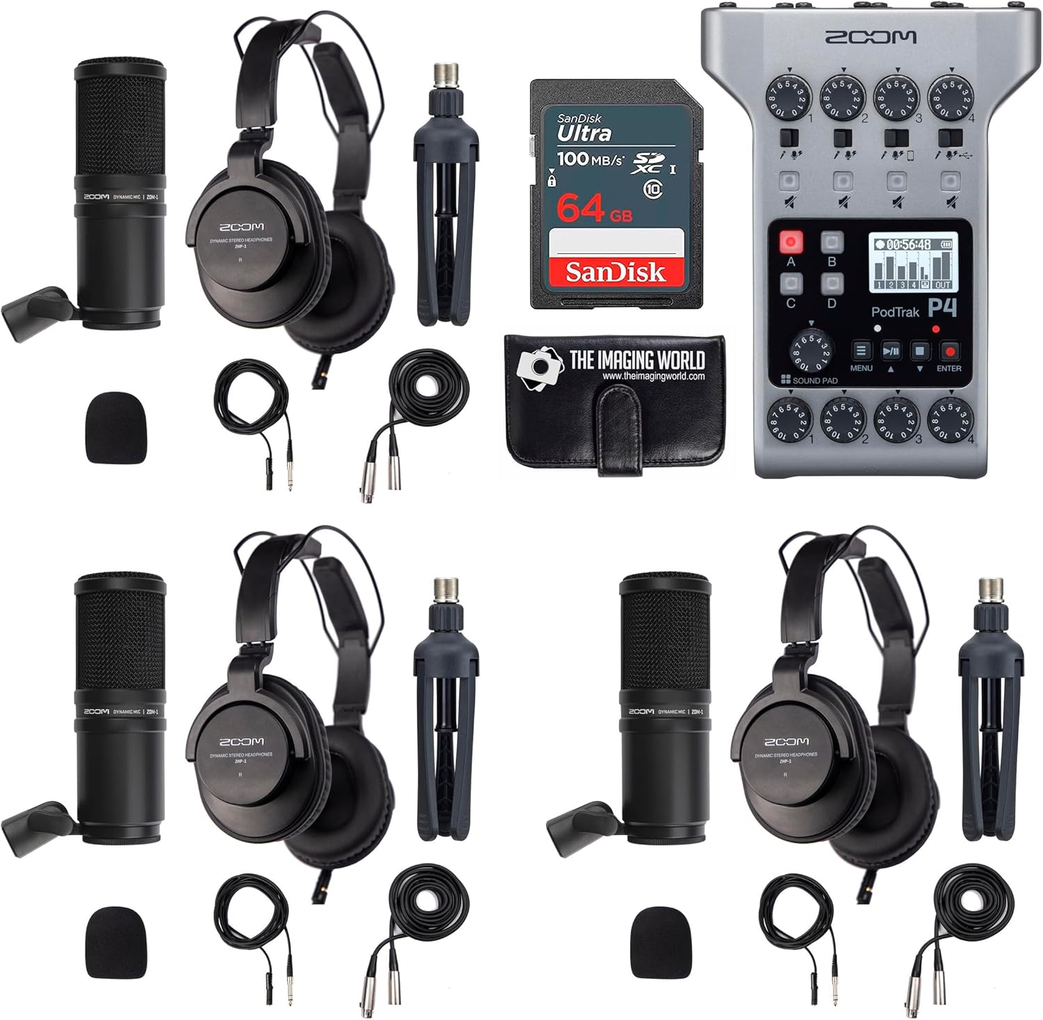 Zoom PodTrak P4 Portable Multitrack Podcast Recorder Bundle with Three (3) Mic Packs with Headphones, Windscreen, XLR, and Tabletop Stands + 64GB Card + Wallet