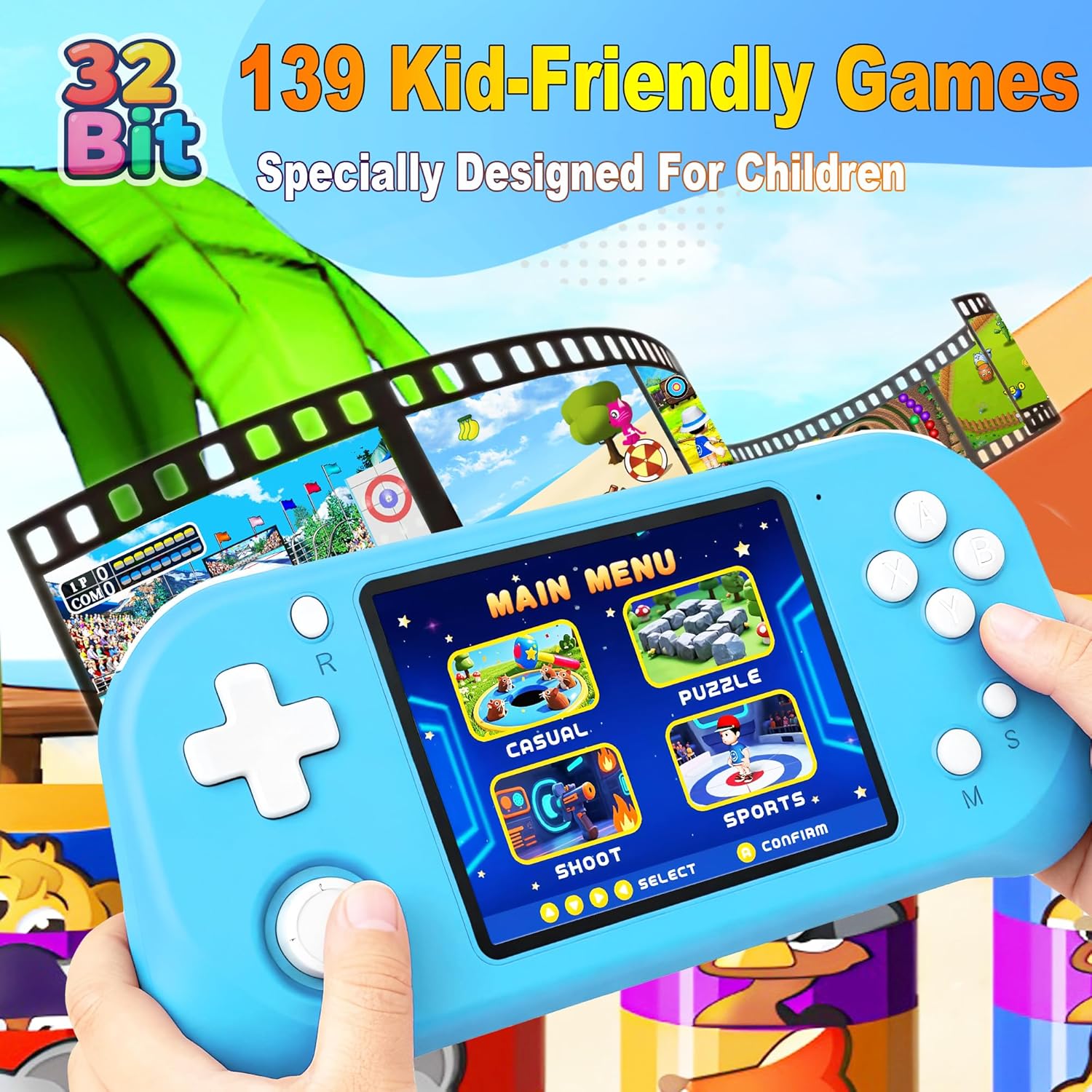 Handheld Game for Kids with 3.5'' IPS Screen 139 Preloaded 32 Bit Electronic Video Games, Portable Rechargeable Gaming Player Toy for Boys Girls Seniors Gift (Bay Blue)