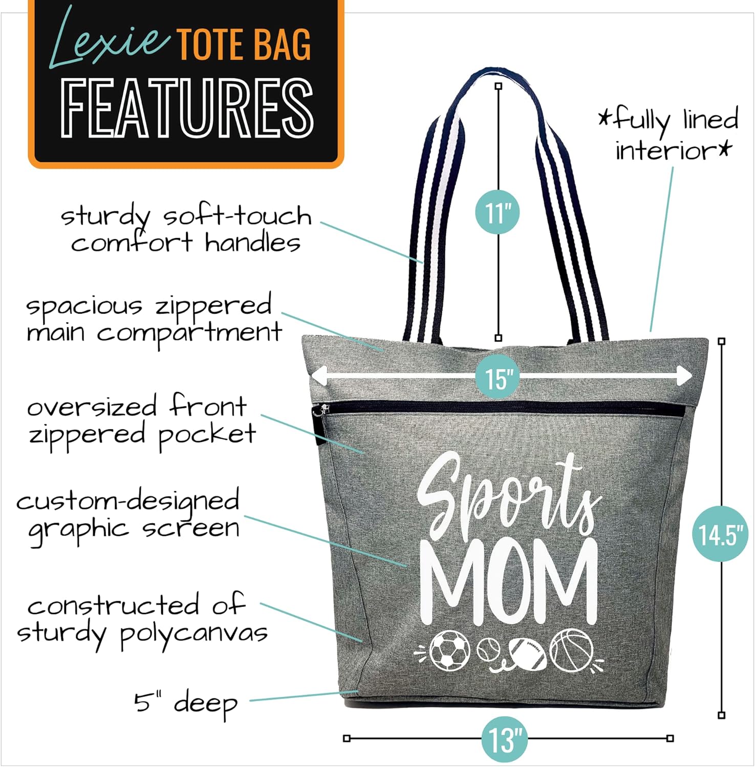 Brooke & Jess Designs Sports Mom Large Zippered Tote Bag with Pockets for Women