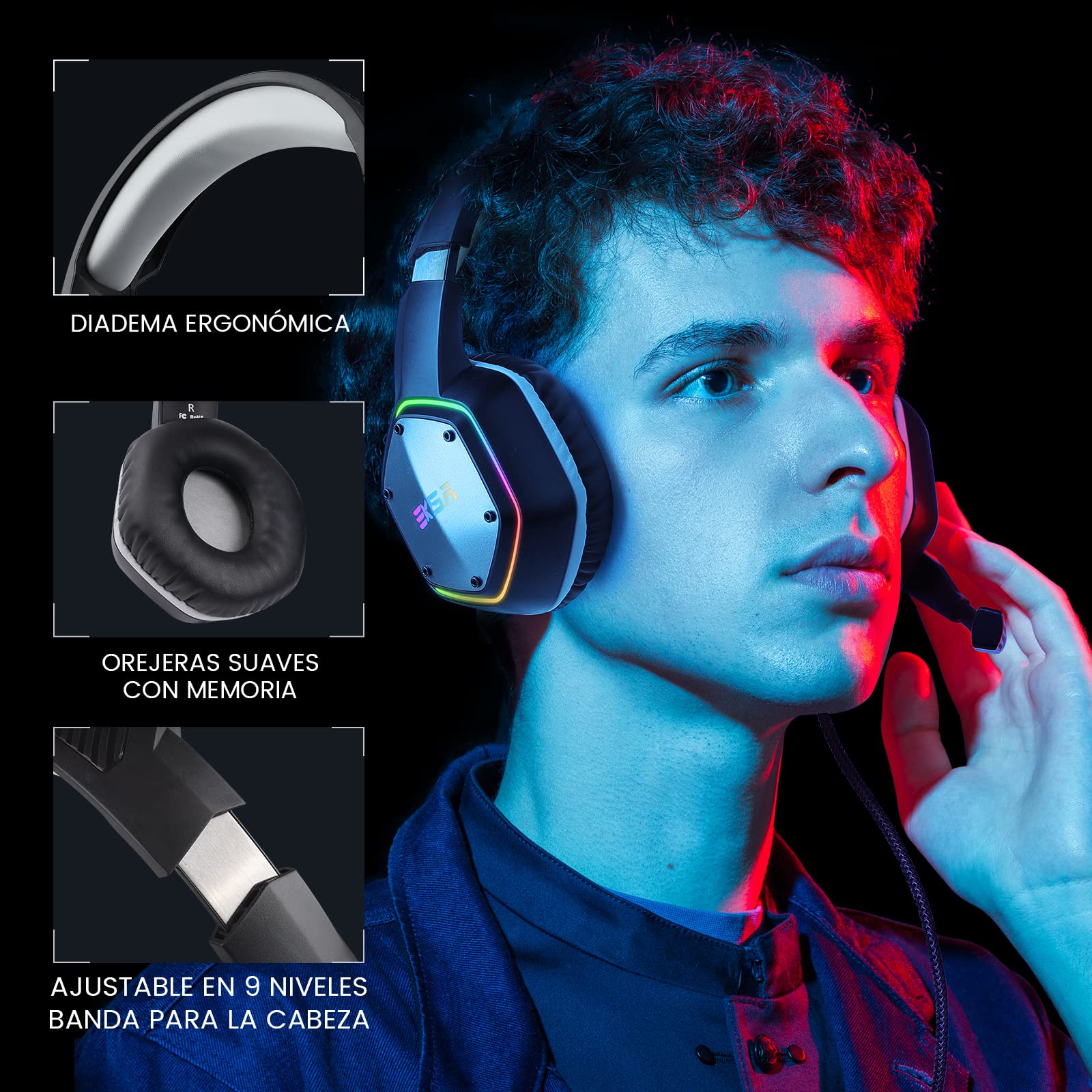 EKSA E1000 Cascos Gaming USB para PC, Over Ear Auriculares Gaming con Cable, Micrófono con Cancelación de Ruido, Sonido Envolvente 7.1, Luz RGB para Consola PS4 / PS5,Laptop