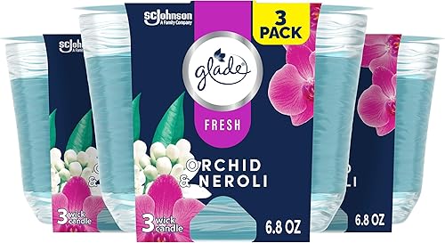 Glade Candle Orchid & Neroli, Fresh Collection, vela perfumada con aceites esenciales, vela ambientadora, vela de 3 mechas, 6.8 onzas, 3 unidades