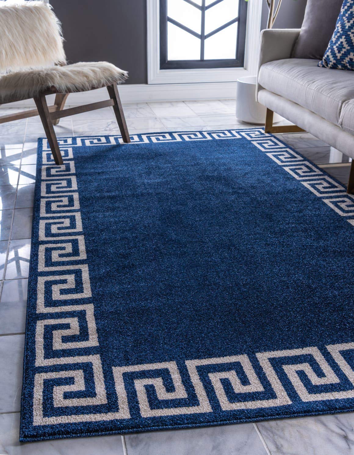 Unique Loom Athens Collection Classic Geometric Modern Border Design Area Rug, 5 ft x 8 ft, Navy Blue/Beige
