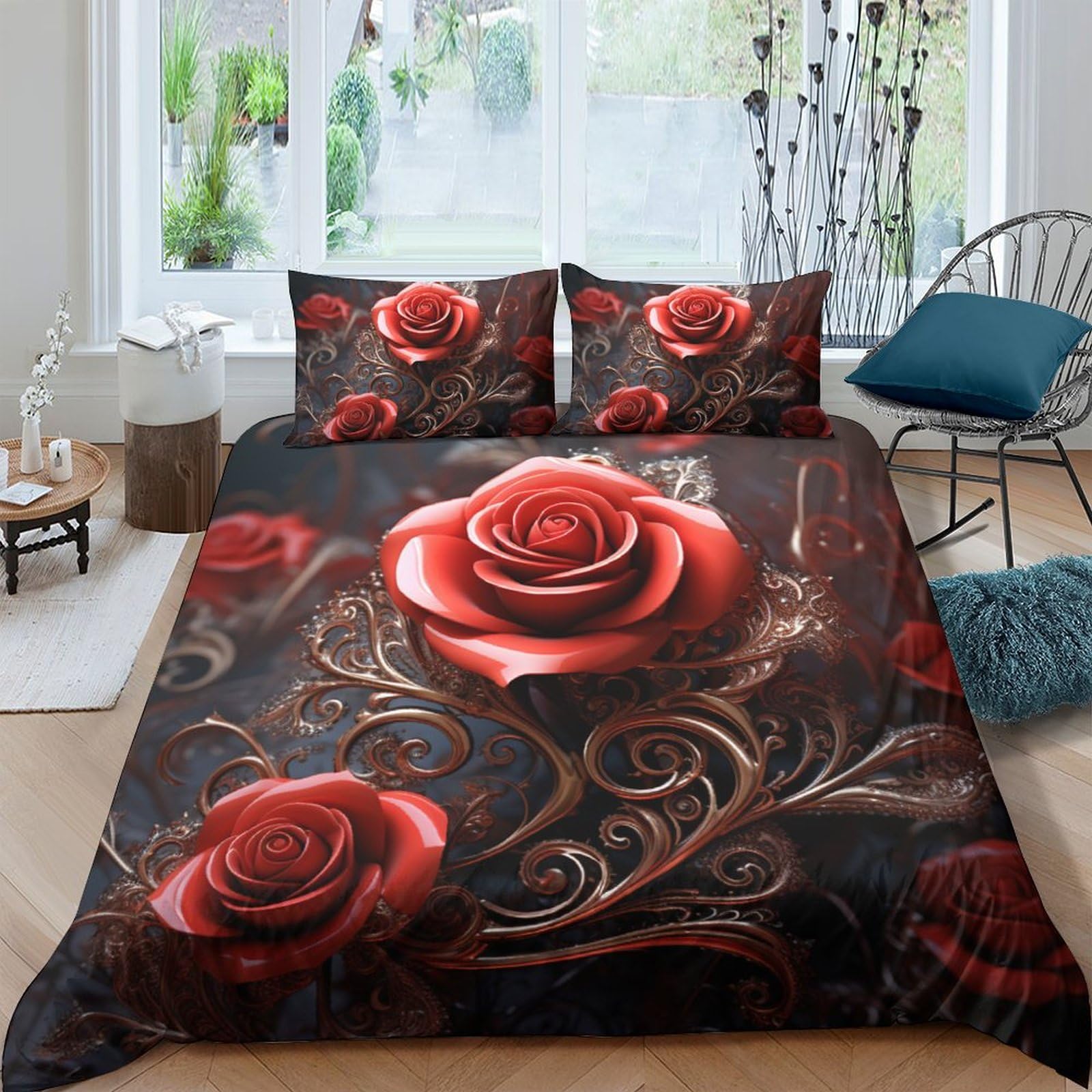 Housse de couette rose rouge 3D IOFEER parure de lit microfibre 220x240cm