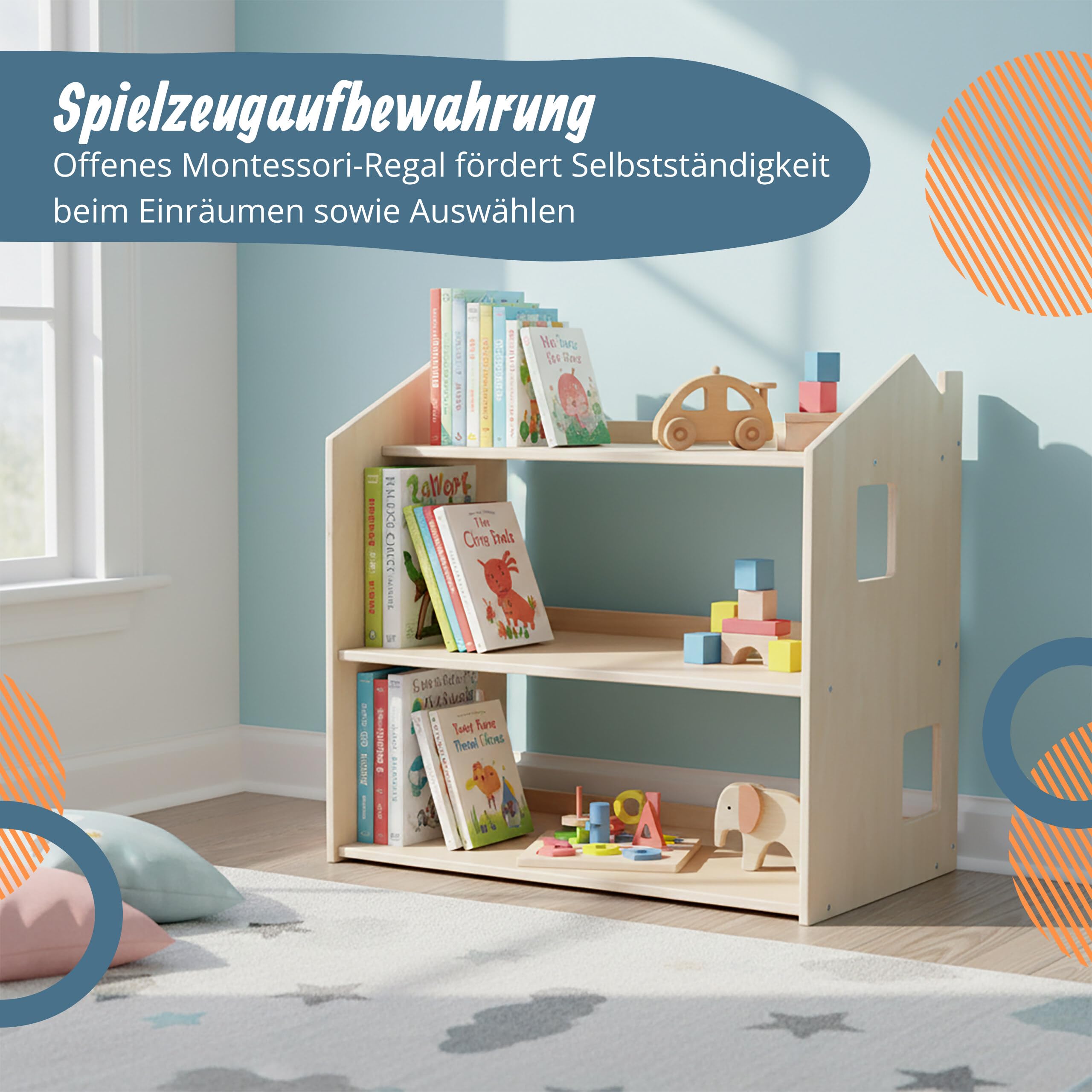 Relaxdays Kinderregal Haus, HxBxT: 59 x 61 x 39 cm, 3 Ebenen, Natur