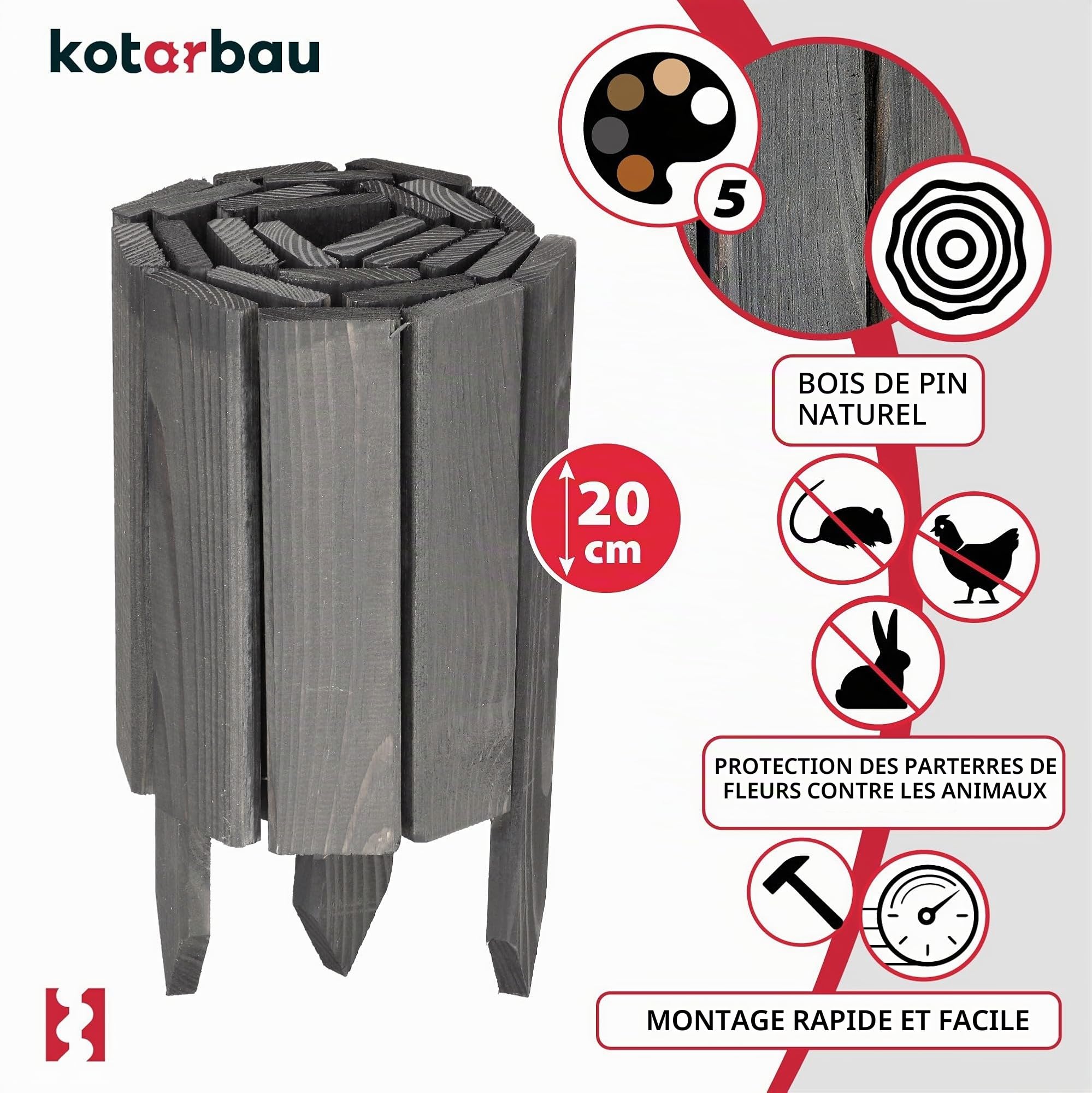 KOTARBAU® Bordure Jardin Exterieur Bois - 110 x 20 cm - Cloture Bois Jardin - Antracite- Palissade Flexible - Décoration