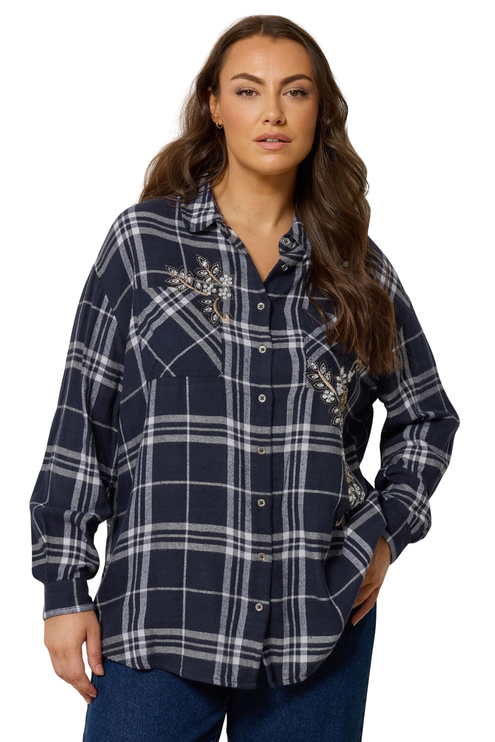 Evans Women's Navy Curve Check Sequin Embellished Shirt - Plus Size Curve