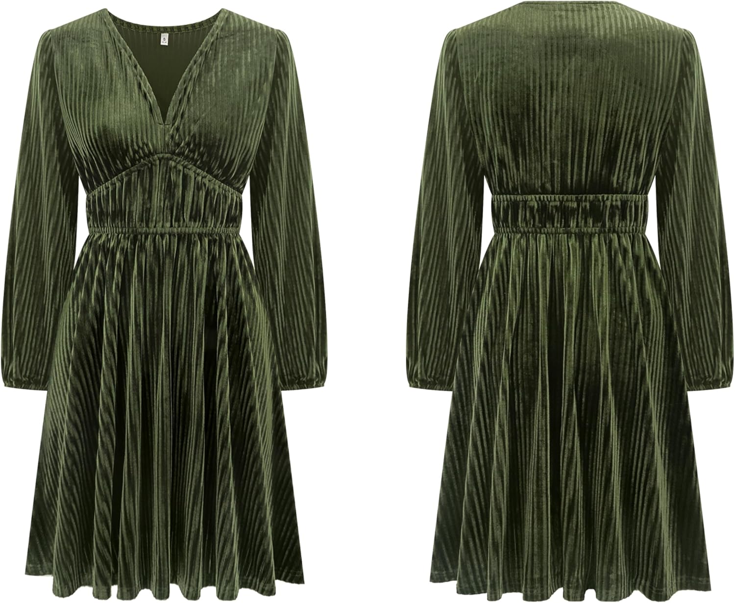 R.Vivimos Womens Fall Winter Velvet Striped Mini Dress 2026 Long Sleeve V Neck Elastic High Waist Elegant Casual A-Line Dress - Image 5