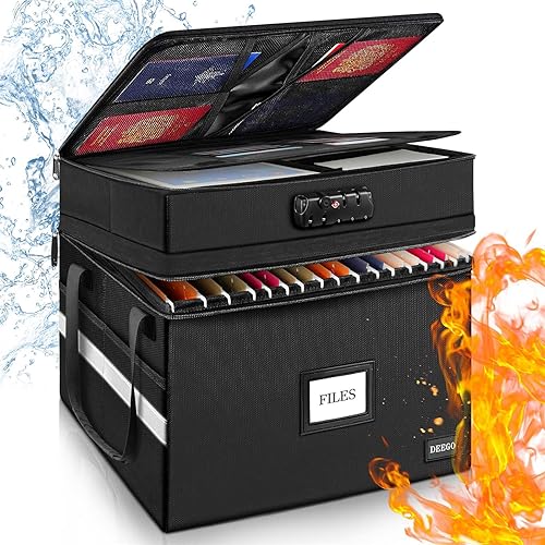 Caja de documentos ignífuga con cerradura, caja de archivos de 2 capas, organizador de archivos resistente al agua con tira reflectante, archivador