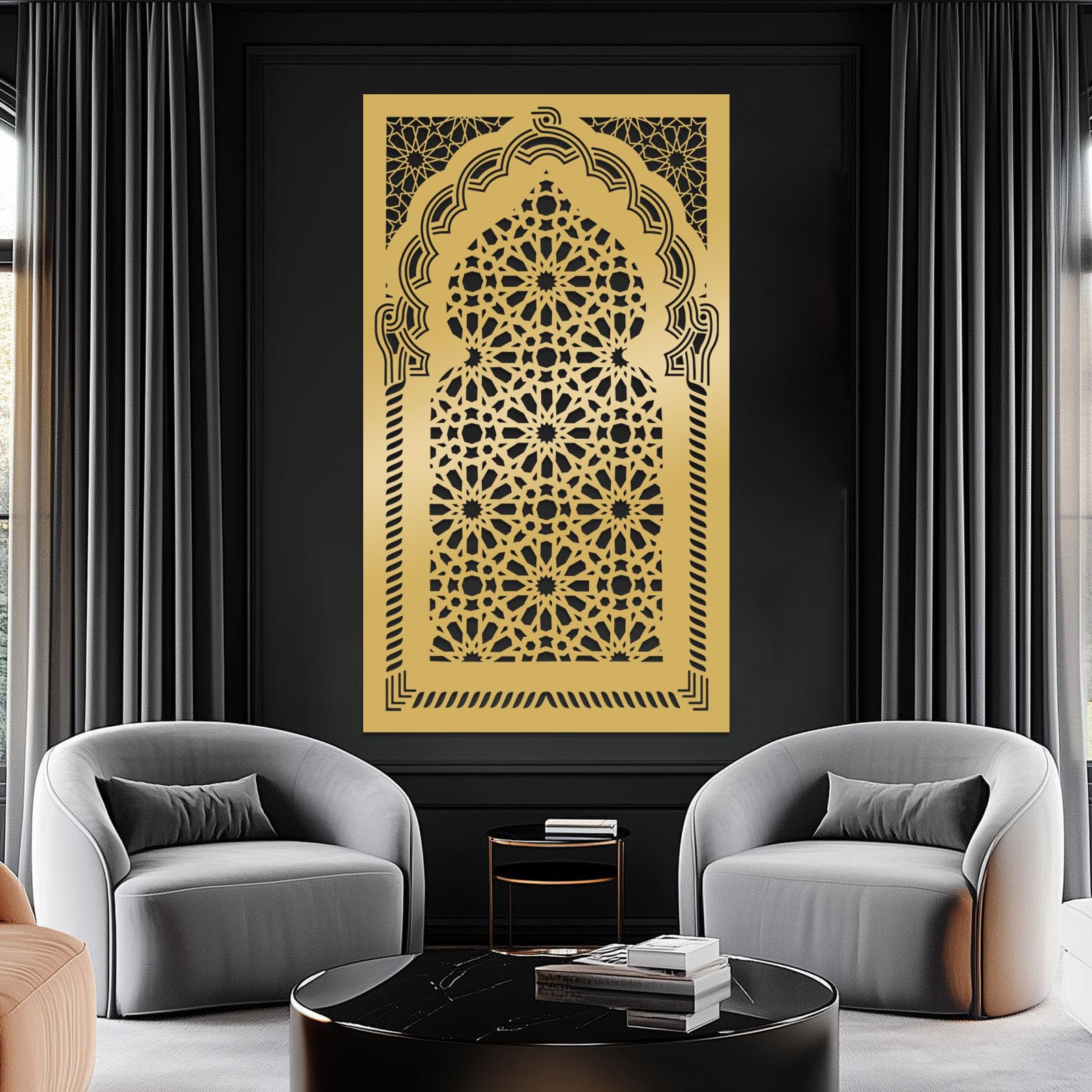 Schwarzes Mihrab-Motiv aus Metall, islamisches florales Wanddekor aus Metall, Gebetsraum-Kunstwerk zur Dekoration von Wohnzimmer, Schlafzimmer, Flur und Treppenhaus, Natur-Wohndeko (Schwarz,