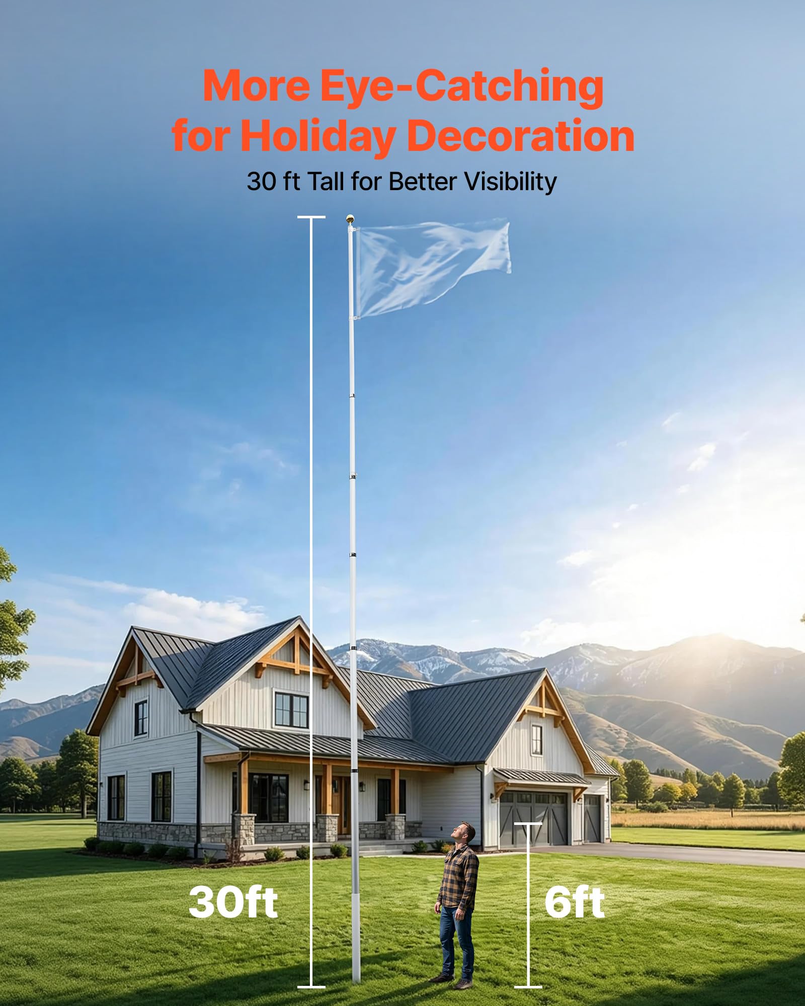 VEVOR Mástil de Bandera Telescópico para Exterior 9,14 m Asta para Bandera, Tubo Grueso de Aluminio Reforzado, Kit Completo de Instalación, para Zona Residencial Comercial Eventos, Color Plateado