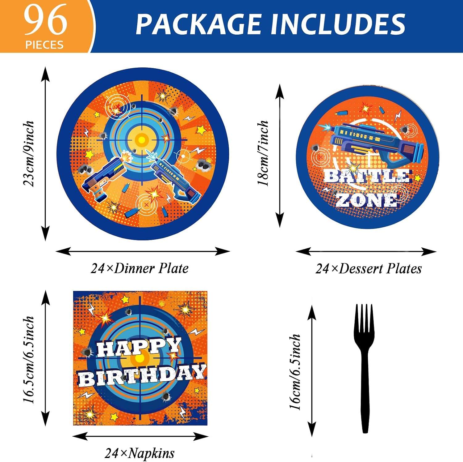 96 Pcs Dart War Plates and Napkins Party Supplies Dart War Themed Birthday Tableware Set Blue and Orange Party Decorations Favors for Kids Boys' Birthday Baby Shower Serves 24 image 2