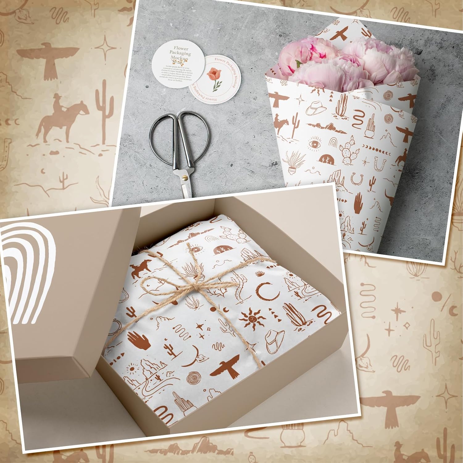 JarThenaAMCS 100 Sheets Western Cowboy Tissue Paper Wild West Rodeo Gift Wrapping Paper Brown DIY Art Craft Tissue for Birthday Holiday Cowboy Party Decor Supplies, 13.7 x 19.6 Inch