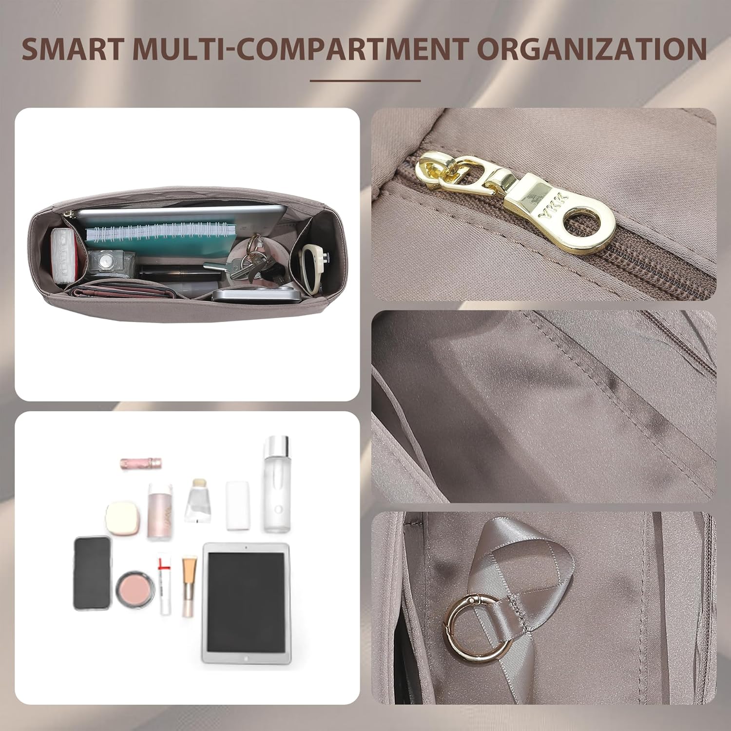 Doxo Ultra-Soft Satin Purse Organizer Insert for Hermes Kelly 28, Waterproof Lightweight Kelly 28 Bag Insert with 6 Compartments & YKK Zipper & Keychain, Luxury Handbag Liner Shaper (Etoupe Grey)
