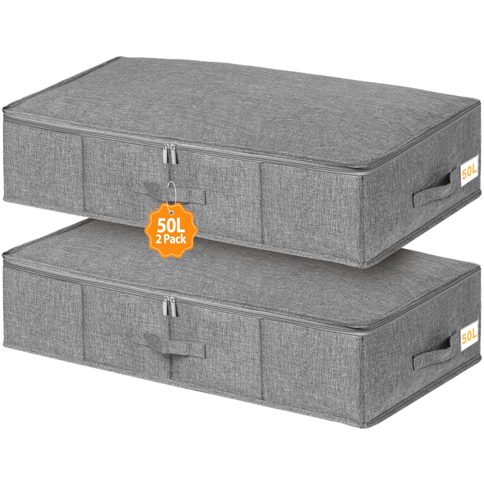 Underbed Storage Boxes with Lids 50L, 2 Pack Under Bed Storage Boxes with Side & Bottom Support & 3 Handles, Foldable Fabric Storage Under Bed for Comforters Beddings Blankets, 76x38x17cm