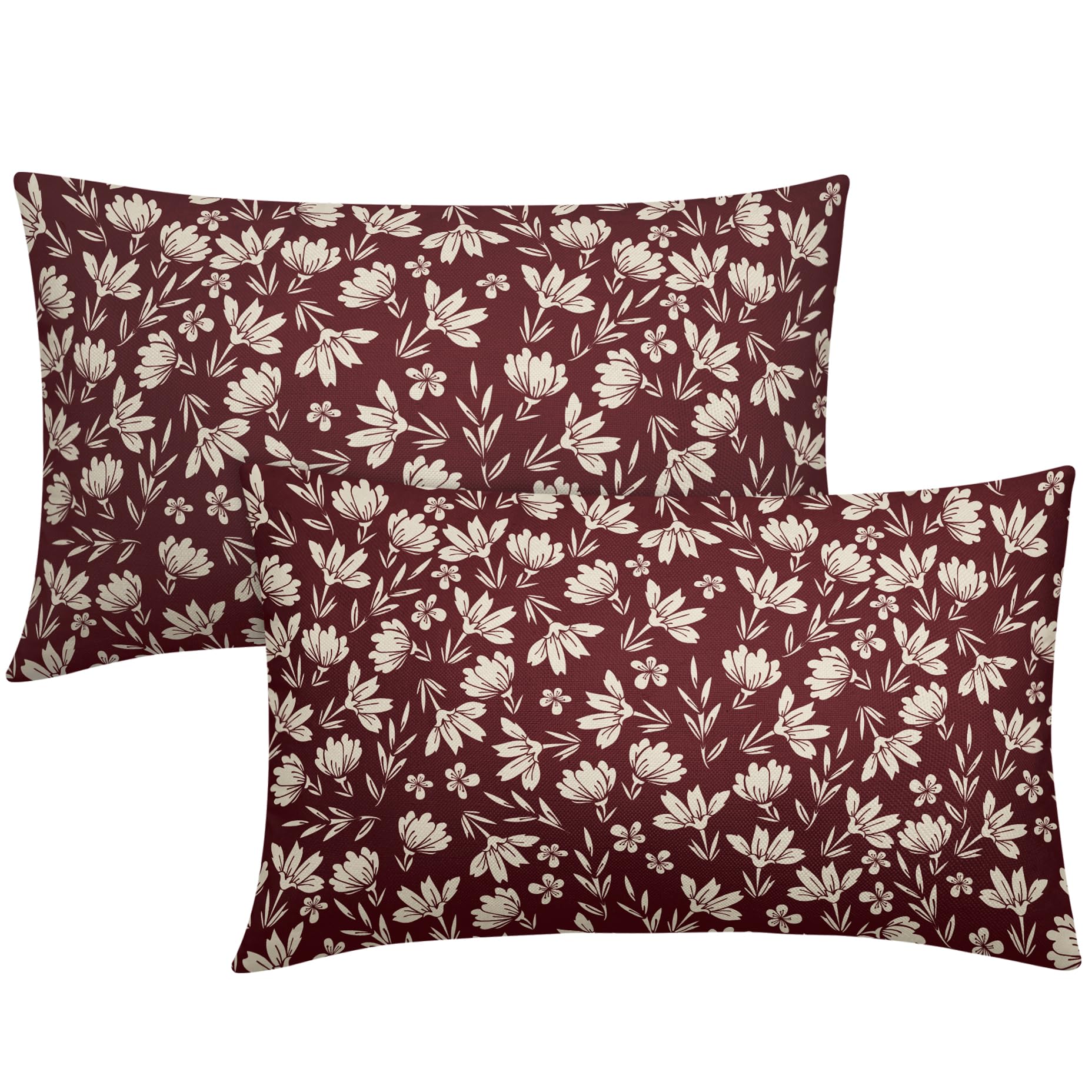 Aytipun Burgundy Pillow Covers 12x20 Set of 2 Vintage Floral Rustic Old Style Cute Flower Print Rectangle Decorative Outdoor Pillowcases Seasonal Farmhouse Throw Cushion Case Couch Sofa Bed Decor