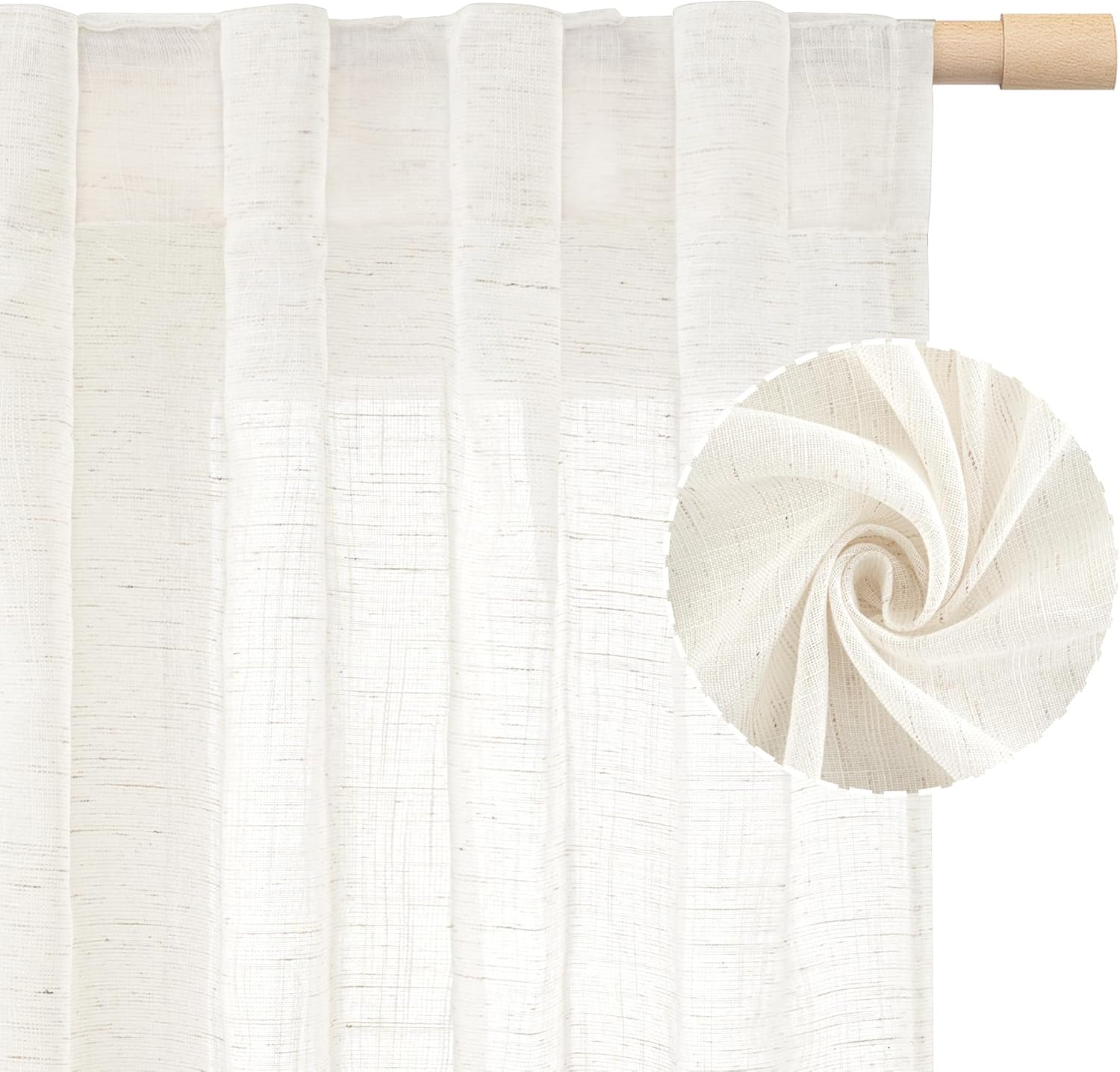 LAMIT Natural Linen Sheer Curtains 90 Inches Long 2 Panels, Long Light Filtering Window Treatments Back Tab and Rod Pocket Farmhouse Boho Panels for Living Room/Bedroom/Dining Room, 52 x 90 Inch