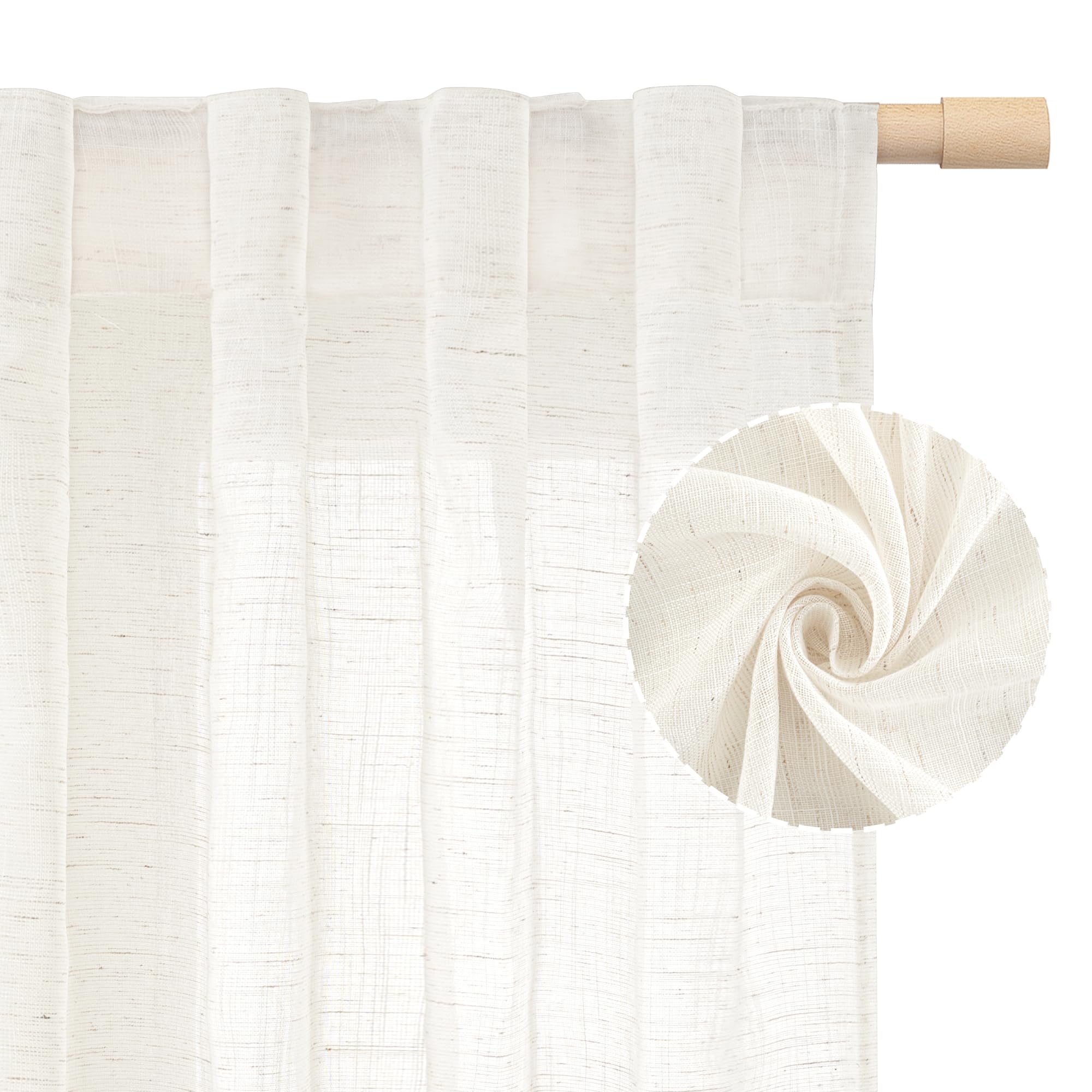 LAMIT Natural Linen Semi Sheer Curtains 84 Inches Long 2 Panels, Living Room Linen Textured Light Filtering Drapes Back Tab and Rod Pocket Neutral Window Panels for Bedroom/Sliding Door, 52 x 84 Inch — view 2