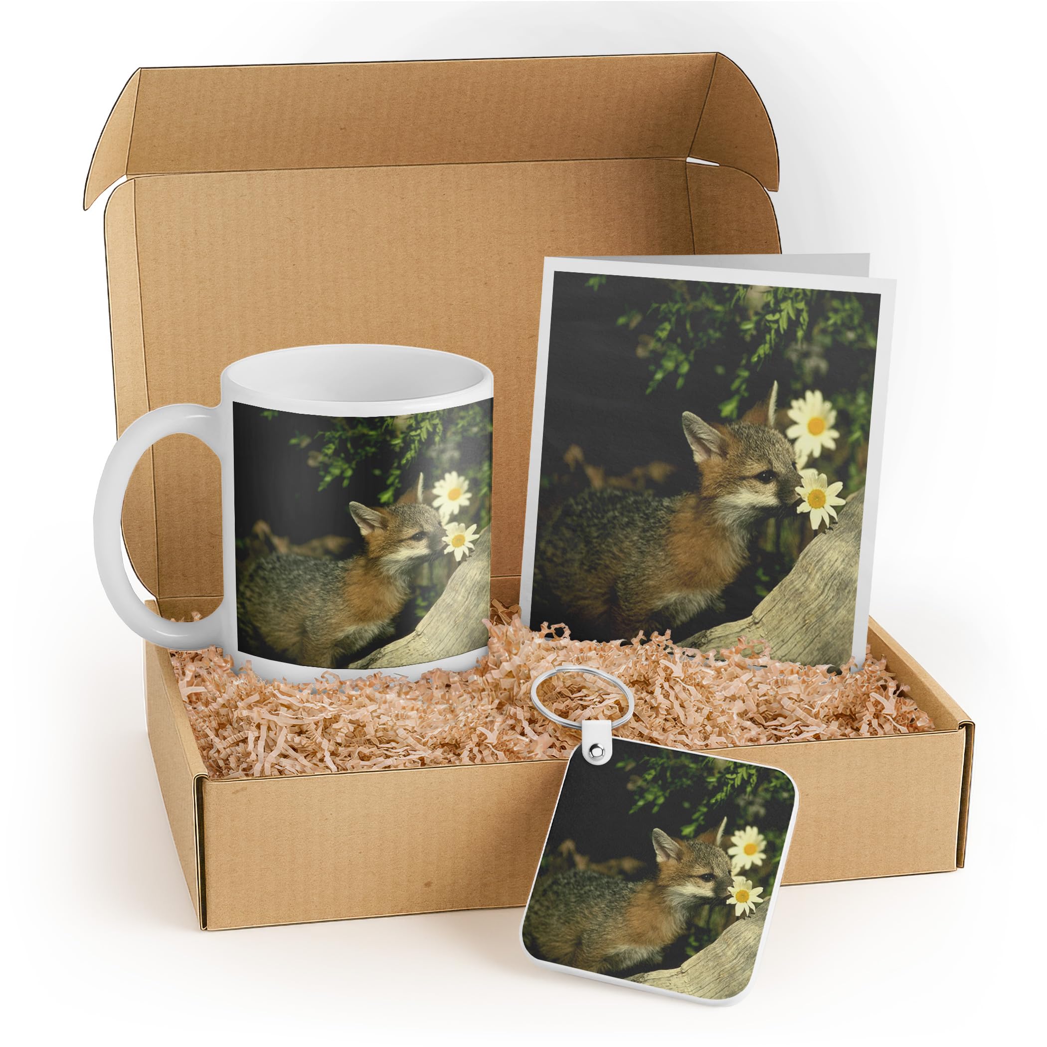 Fox Lovers Gift Set - Mug, Keychain, and Card Featuring Gray Fox with Daisies - Perfect f…