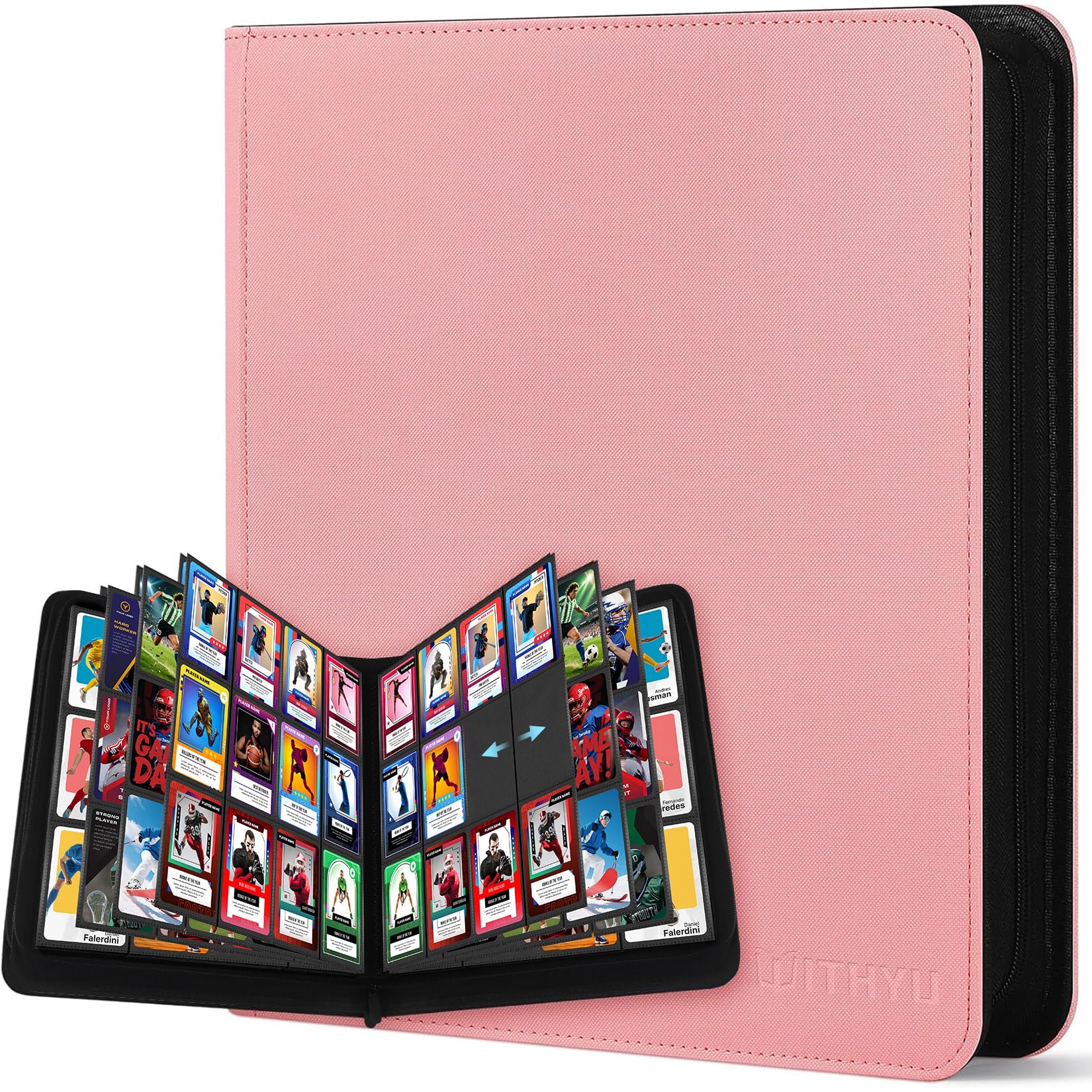 WITHYU Album da Collezione per Carte 12 Tasche, Capacità 720 Carte, Impermeabile, con Chiusura Lampo, per TCG, Calcio e Carte da Collezione, Portatile (Rosa)