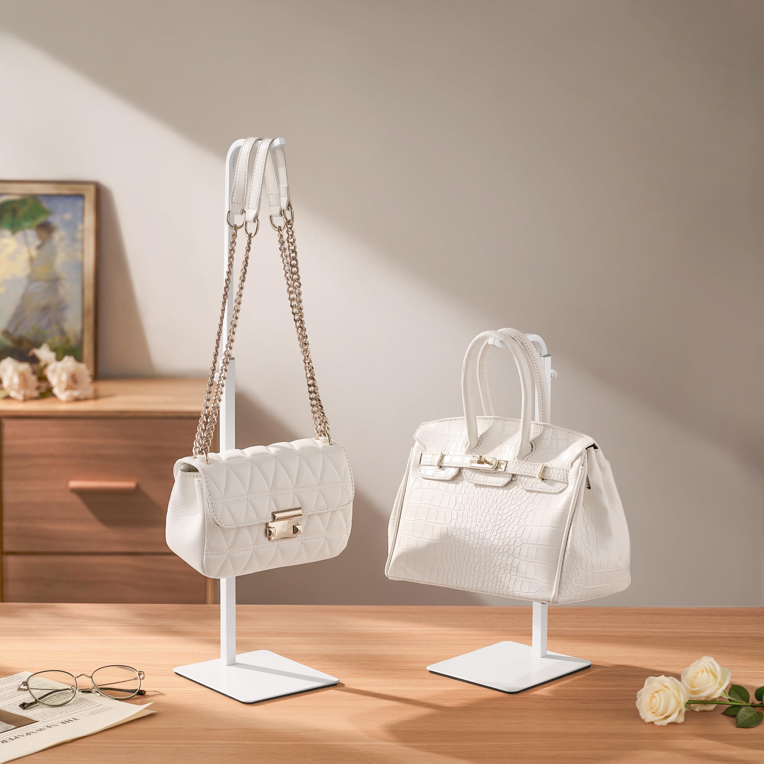 pickpiff 3er-Pack Handtaschenhalter Handtaschen-Präsentationsständer: weißer Aufhänger-Ständer für Taschen, Handtaschen und Kränze, verstellbarer Hakenständer für Tischplatte, Schrank und
